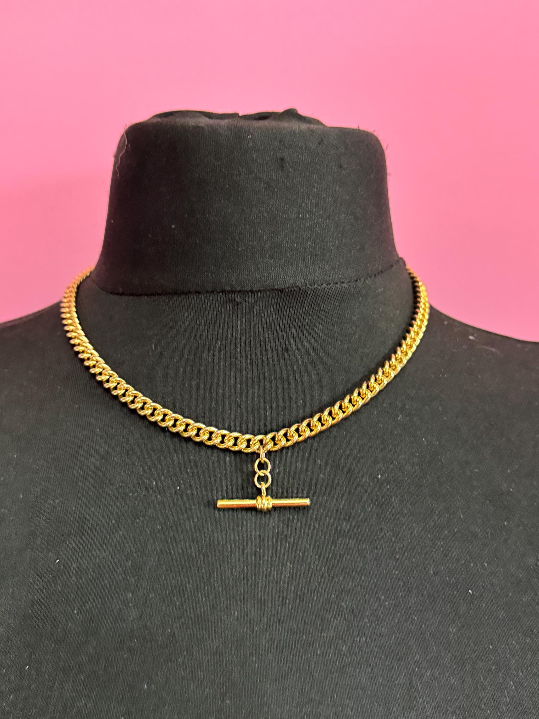 retro chunky Victorian style gold curb chain T Bar watch chain necklace