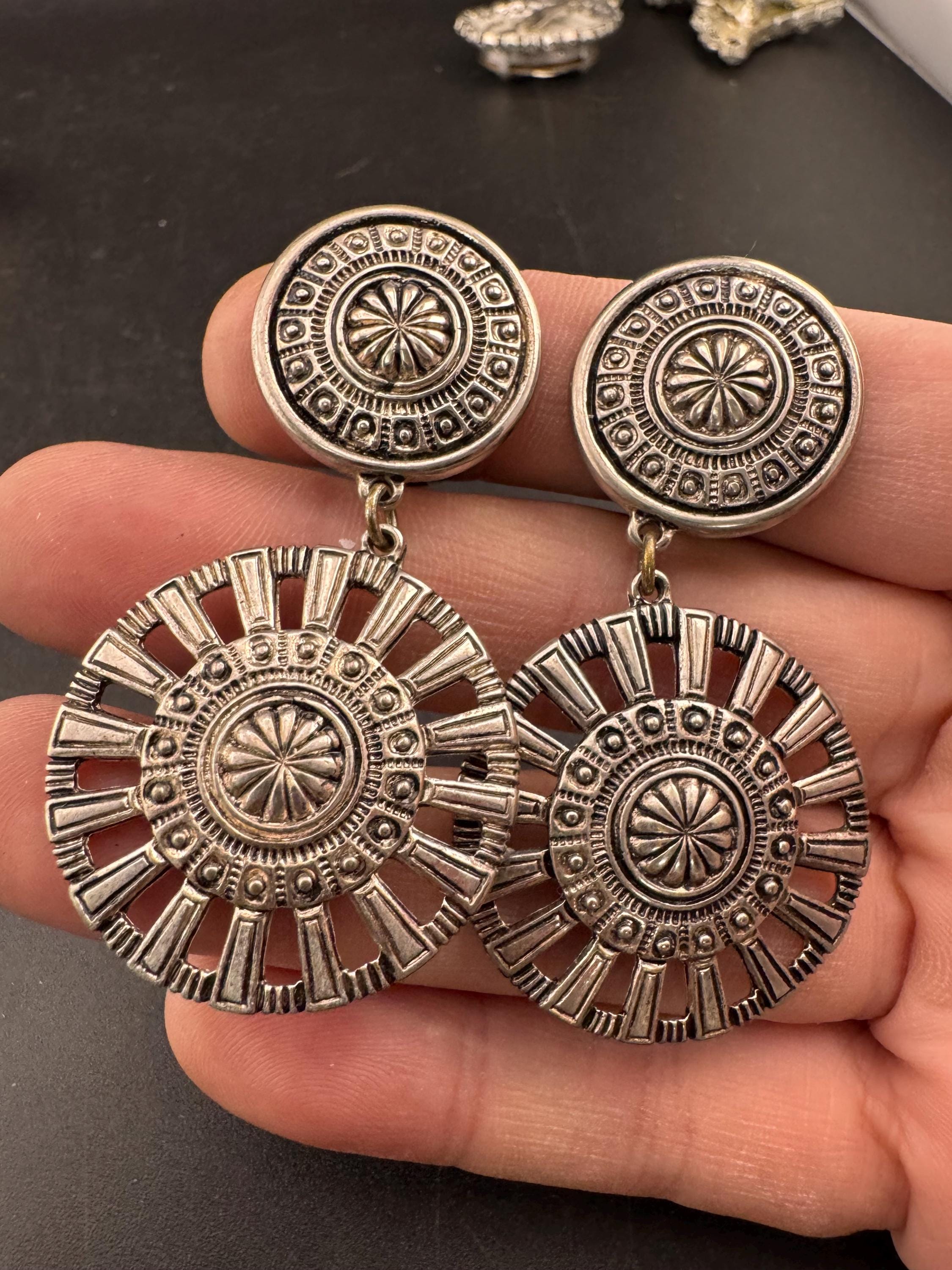 Signed oversized Etruscan round disc metal dangly clip on earrings