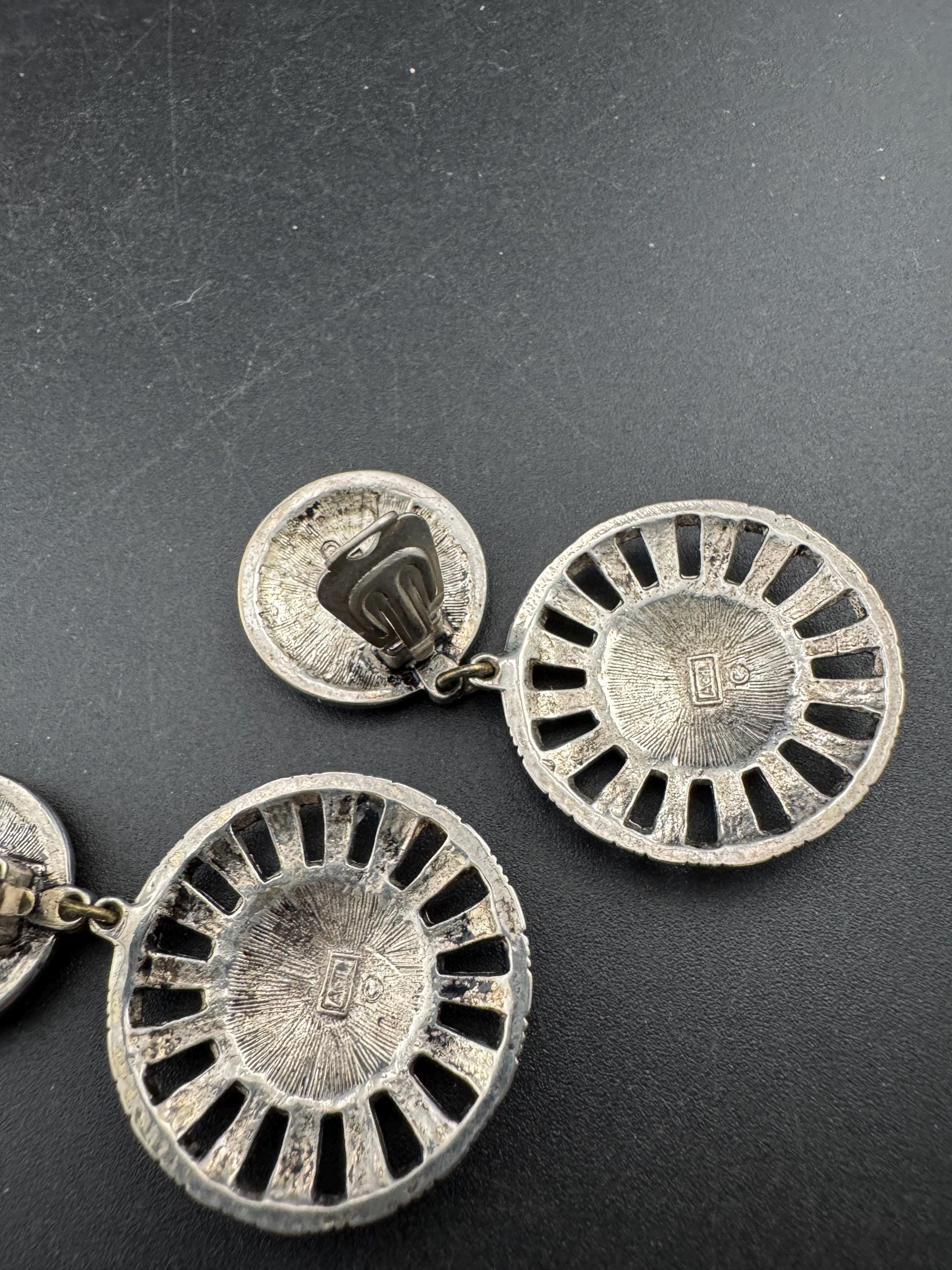 Signed oversized Etruscan round disc metal dangly clip on earrings