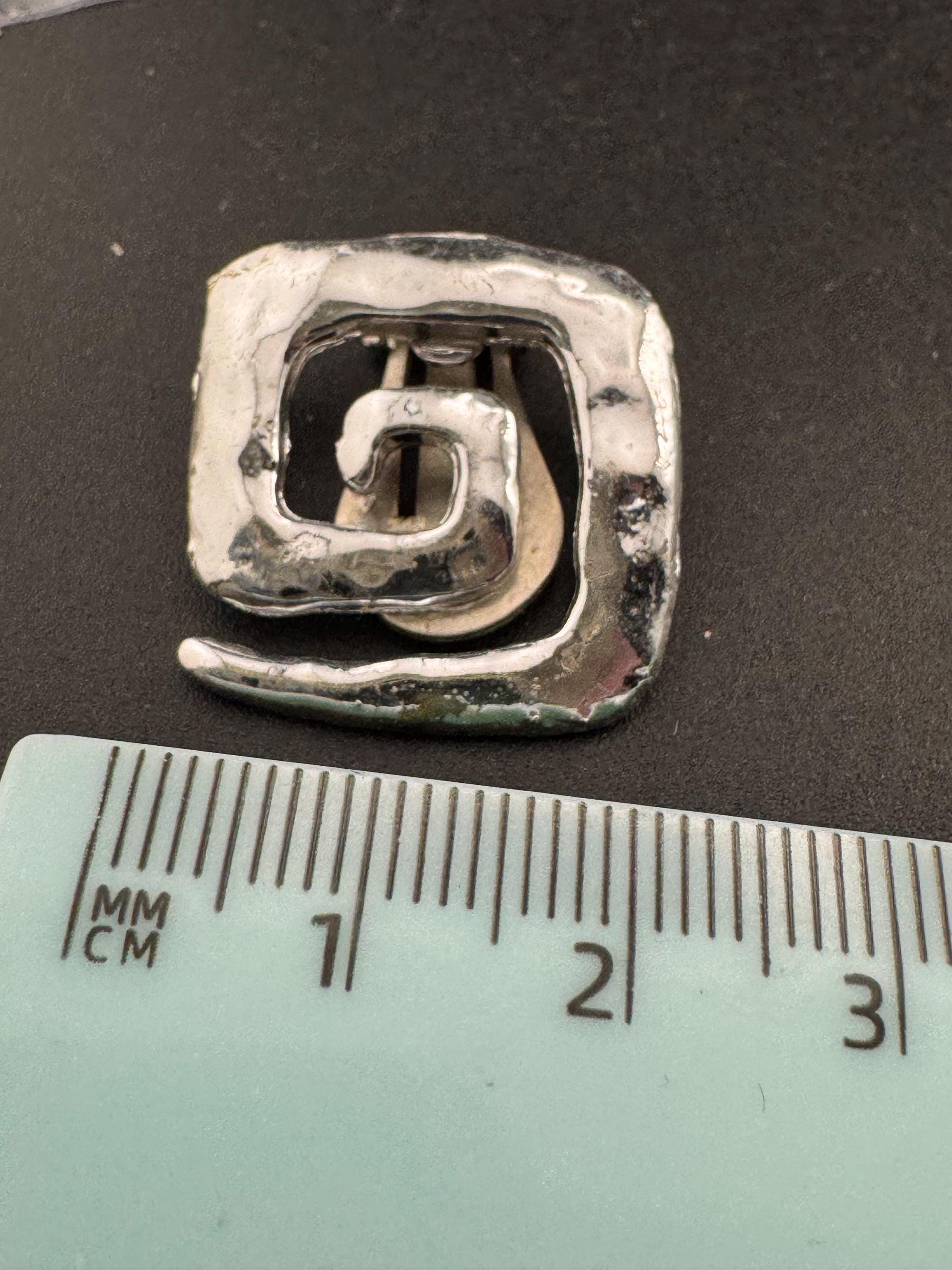 Vintage silver tone glossy Greek key clip on square earrings 80s