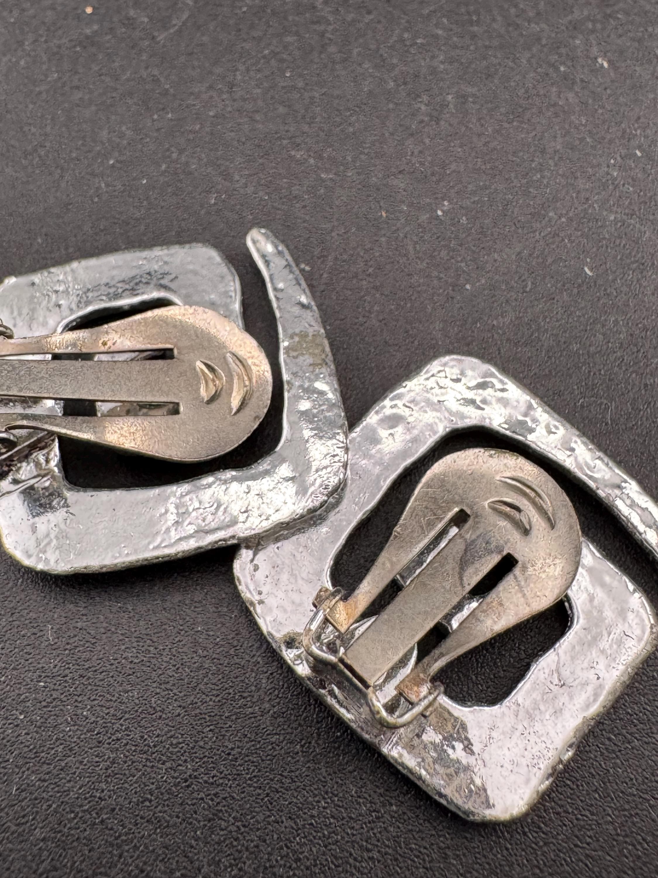 Vintage silver tone glossy Greek key clip on square earrings 80s