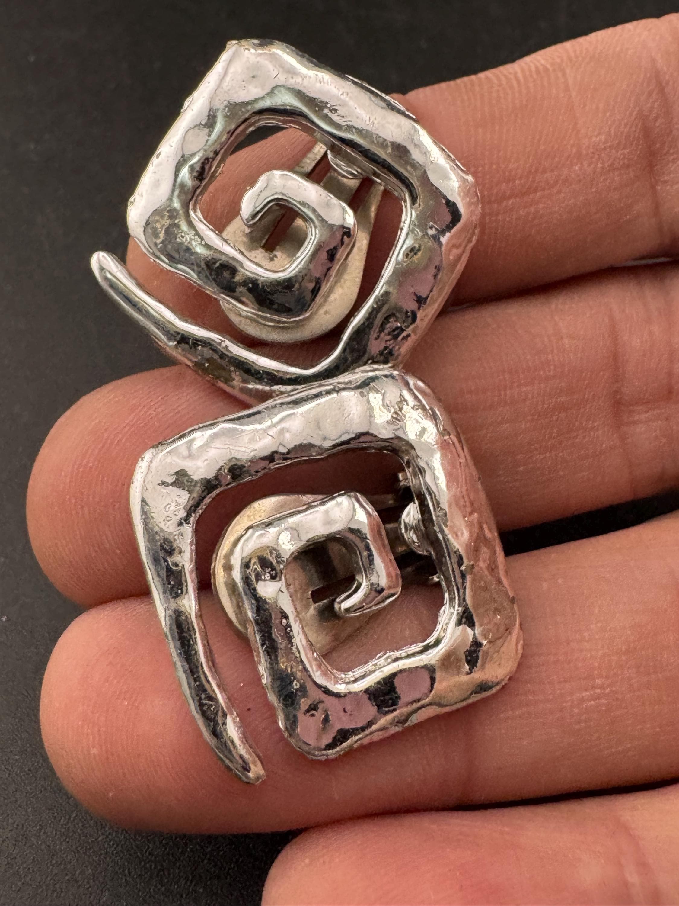 Vintage silver tone glossy Greek key clip on square earrings 80s