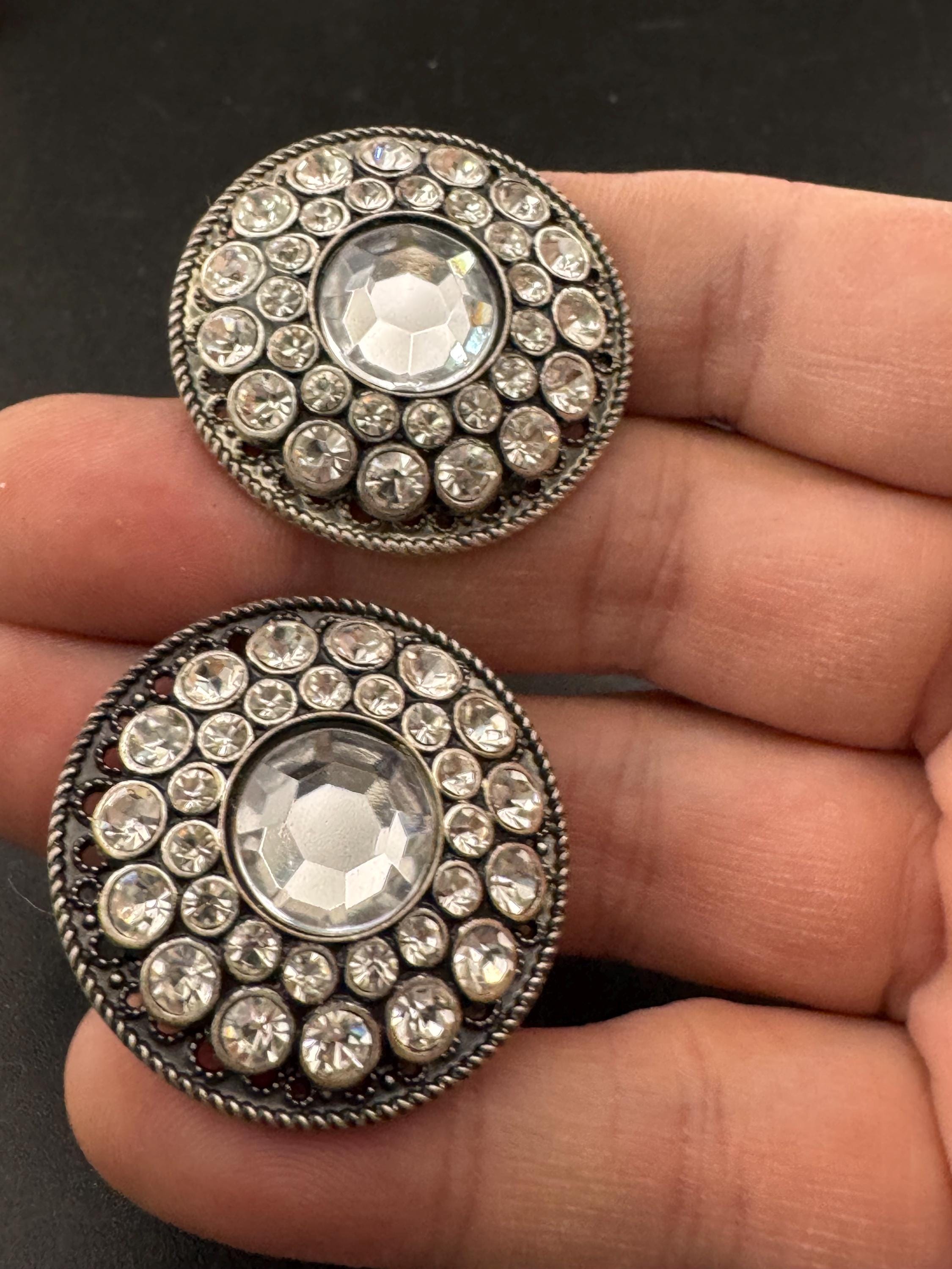 Vintage big silver tone clear diamanté clip on earrings, round studs