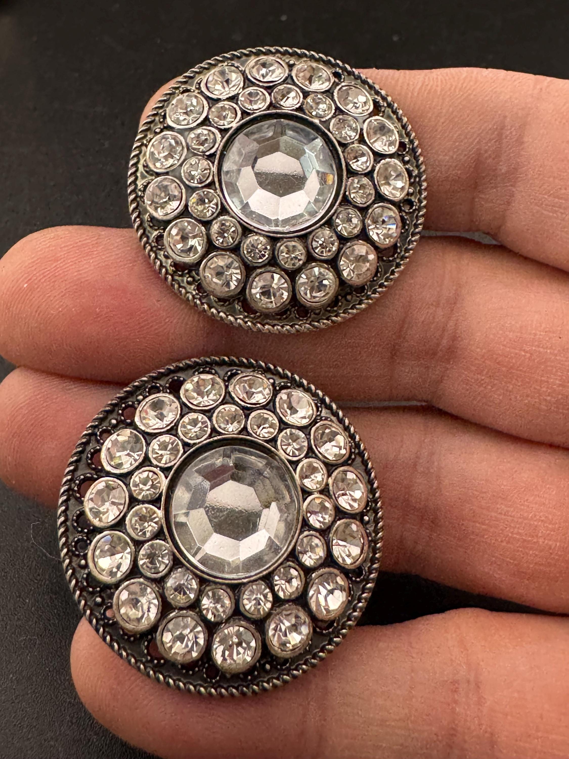 Vintage big silver tone clear diamanté clip on earrings, round studs