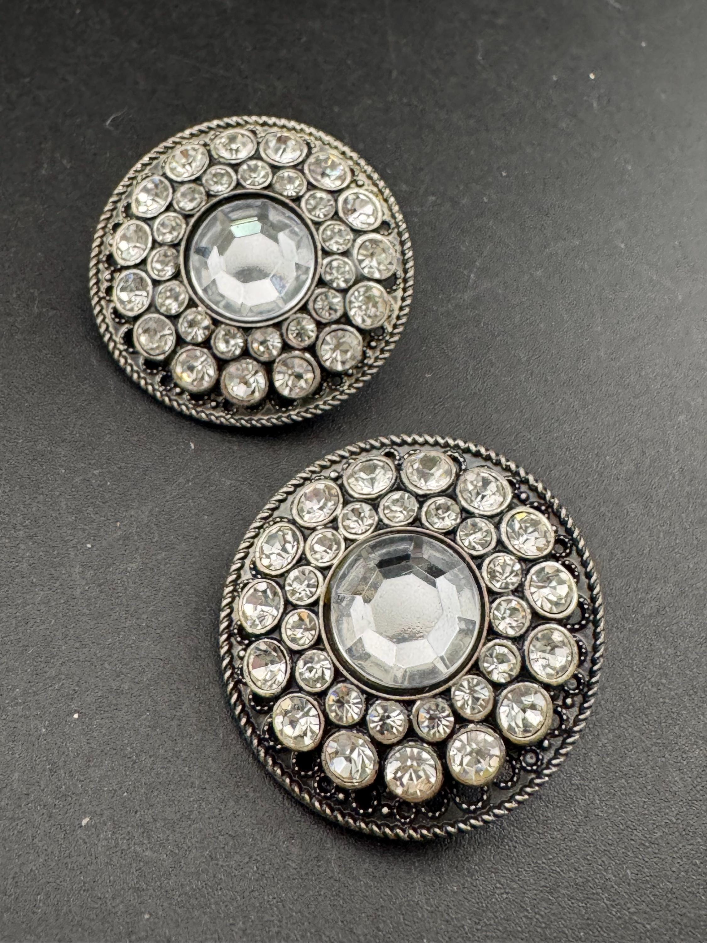 Vintage big silver tone clear diamanté clip on earrings, round studs