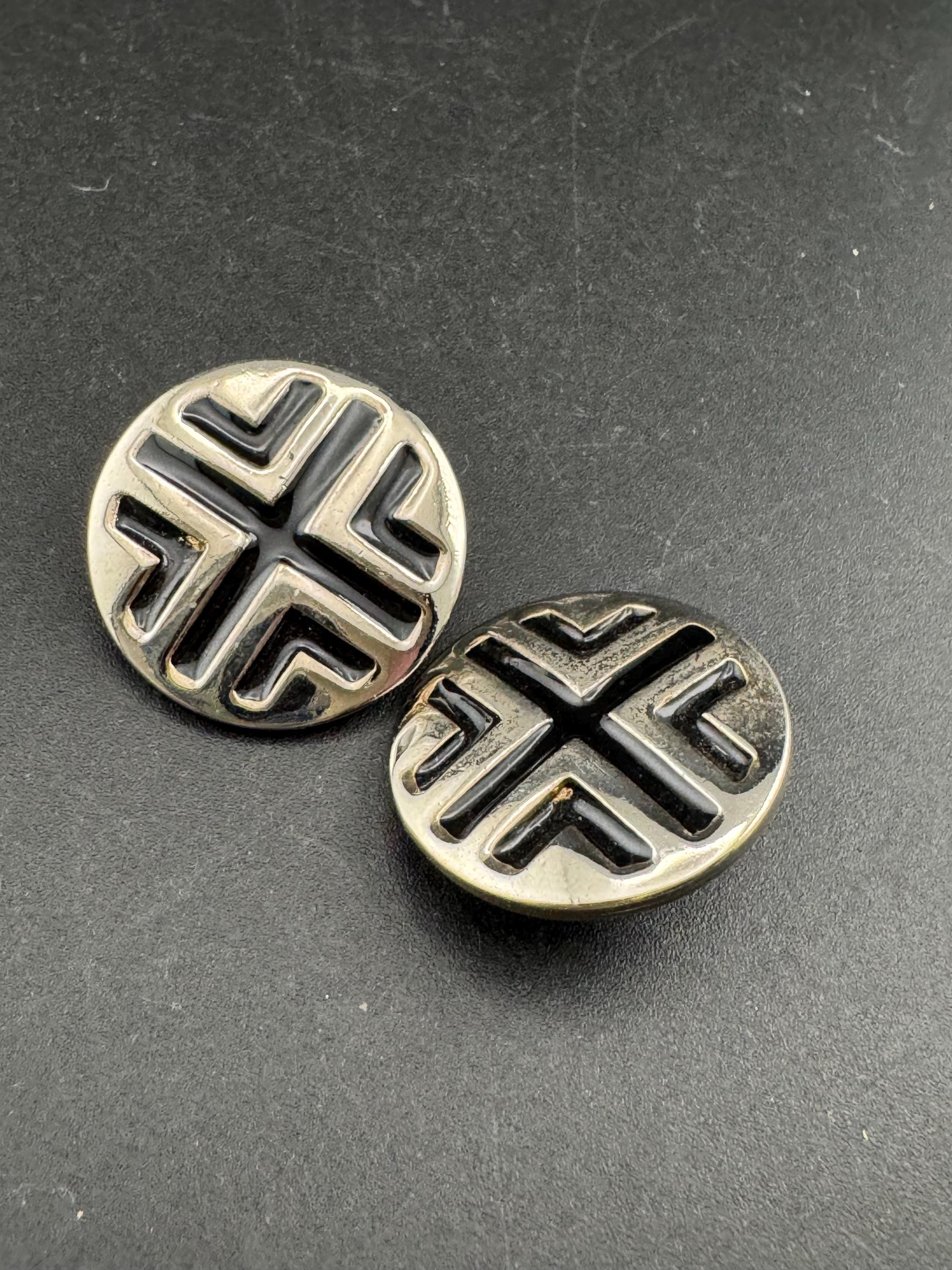 Vintage silver and black enamel round button clip on earrings 2.5cm