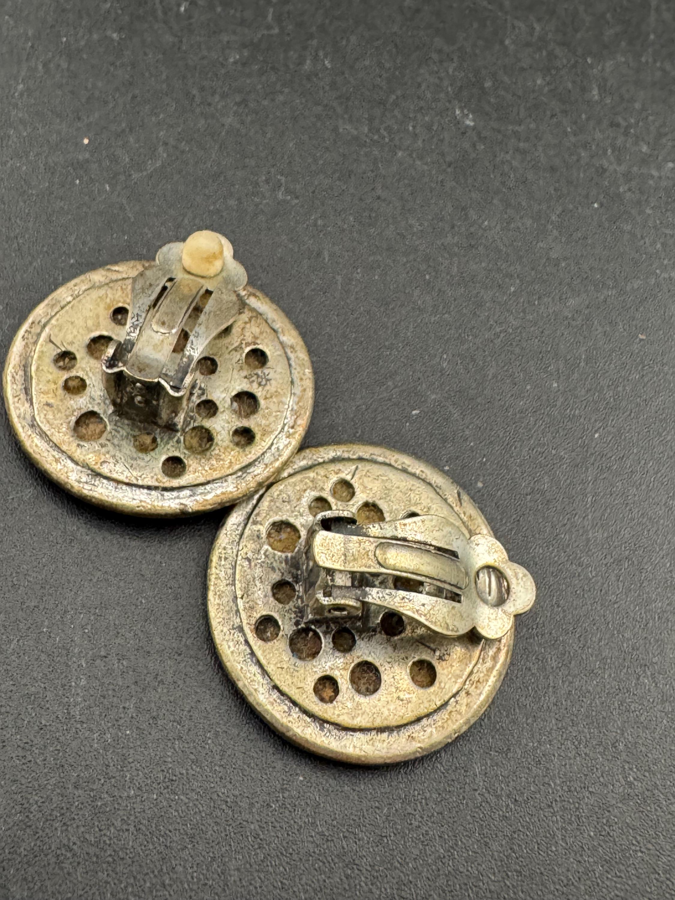 vintage Silver metal snake print insert 2.5cm disc clip on earrings