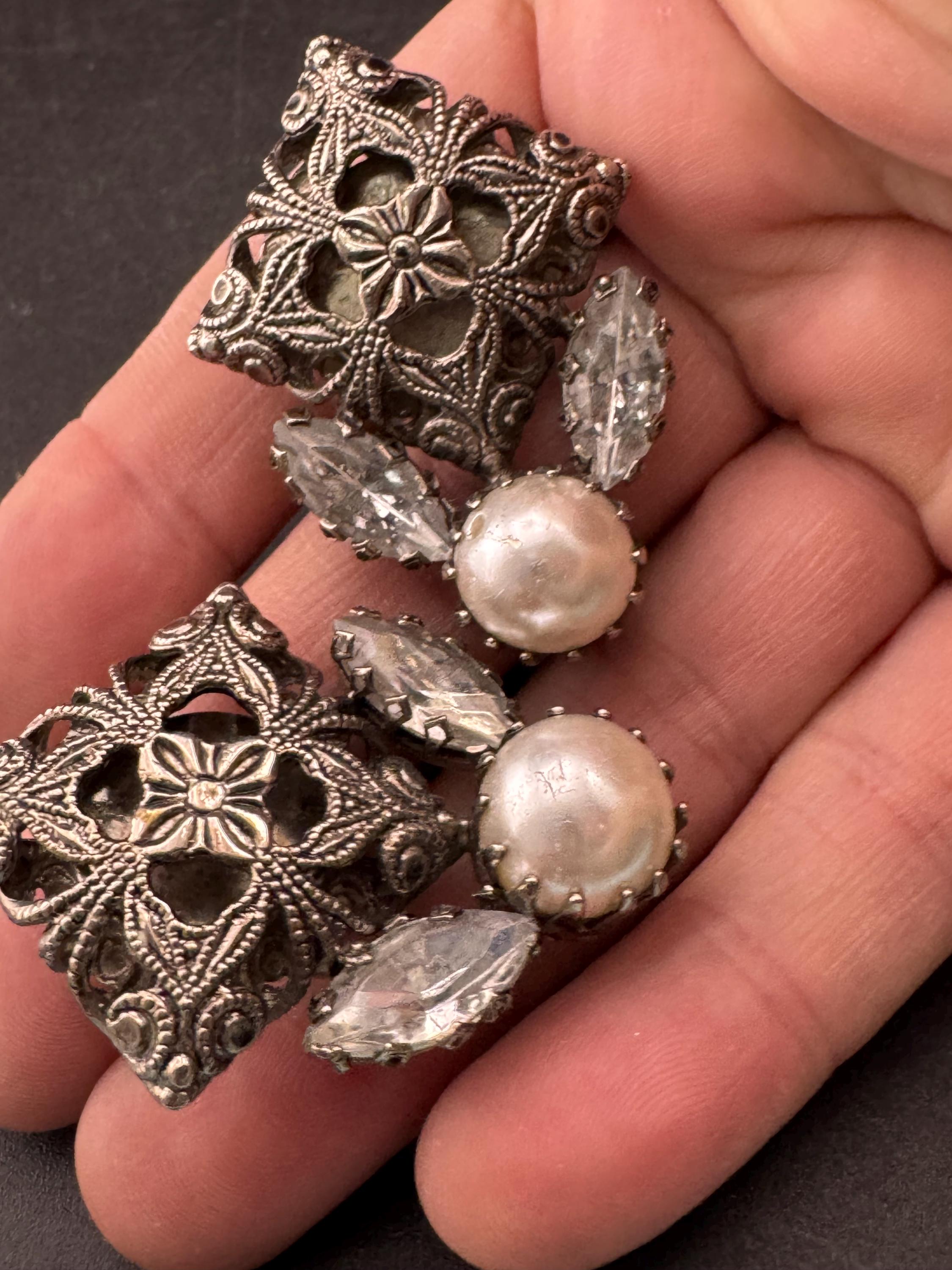 Oversized Faux Pearl and rhinestone filigree metal Clip On Earrings