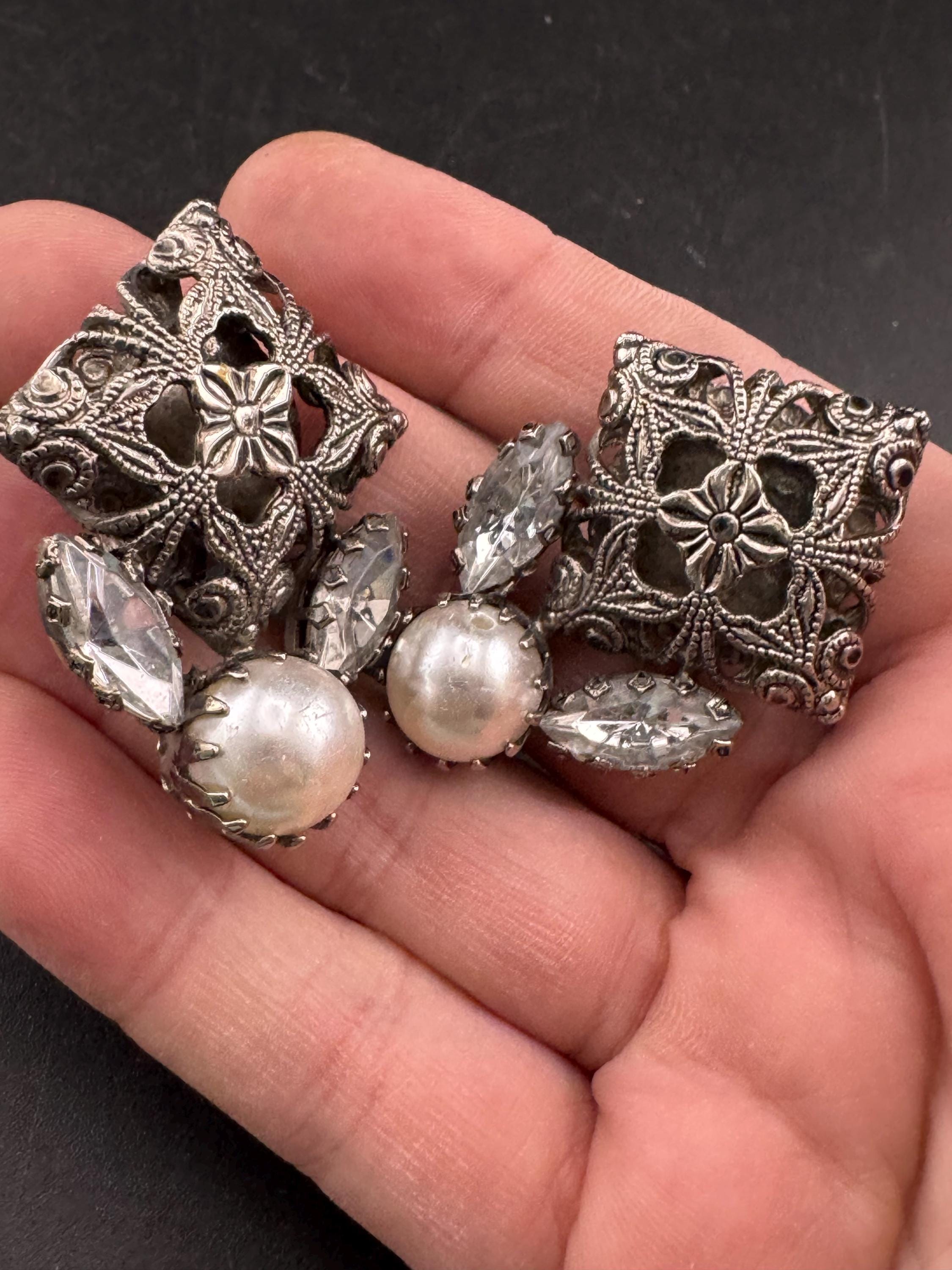 Oversized Faux Pearl and rhinestone filigree metal Clip On Earrings