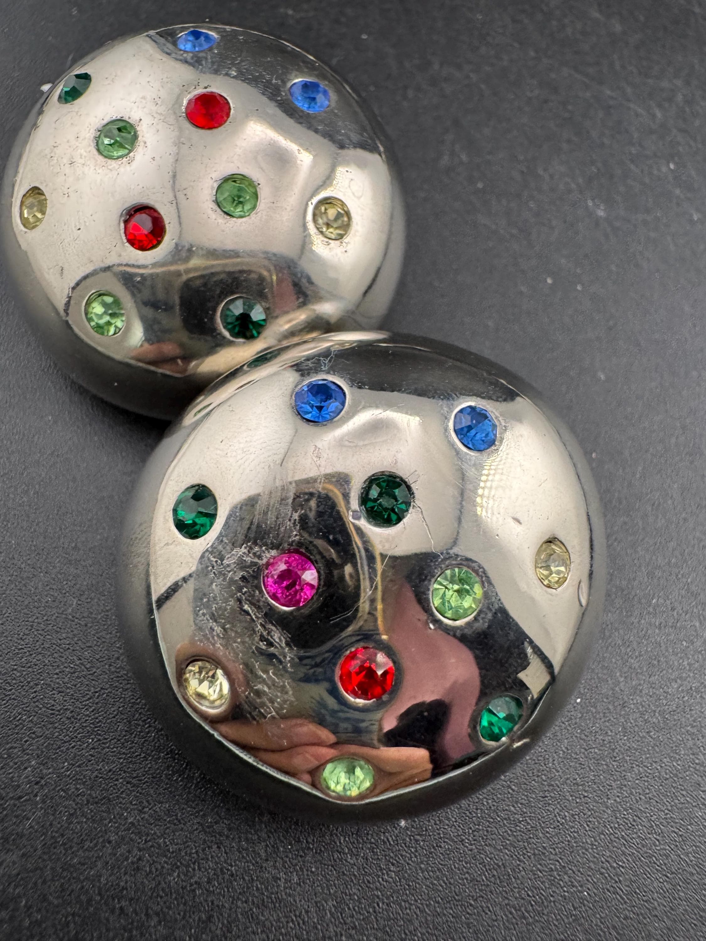 Vintage oversized mid century Rhinestone domed Clip On Earrings: rainbow Studs