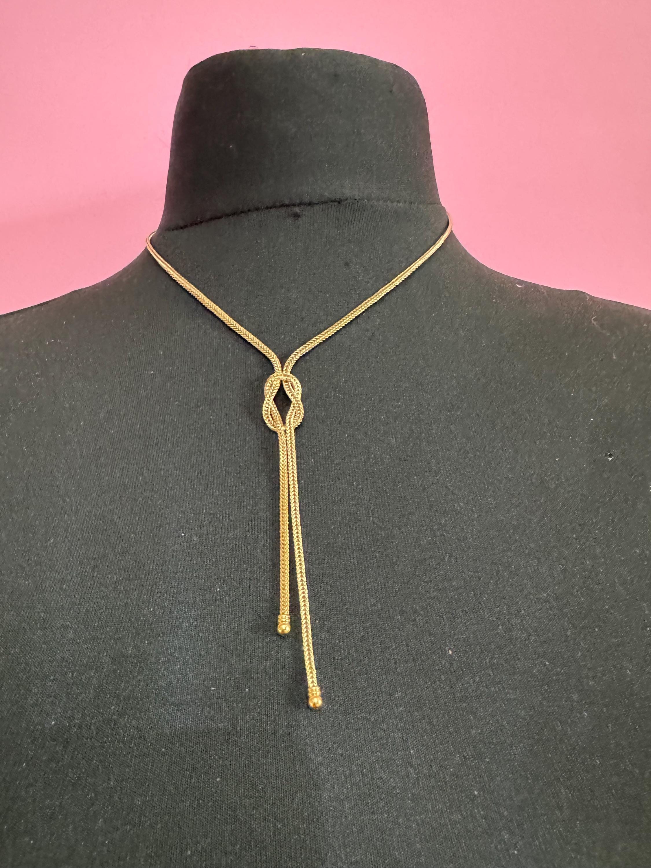 Vintage knot tassel necklace, gold tone woven mesh