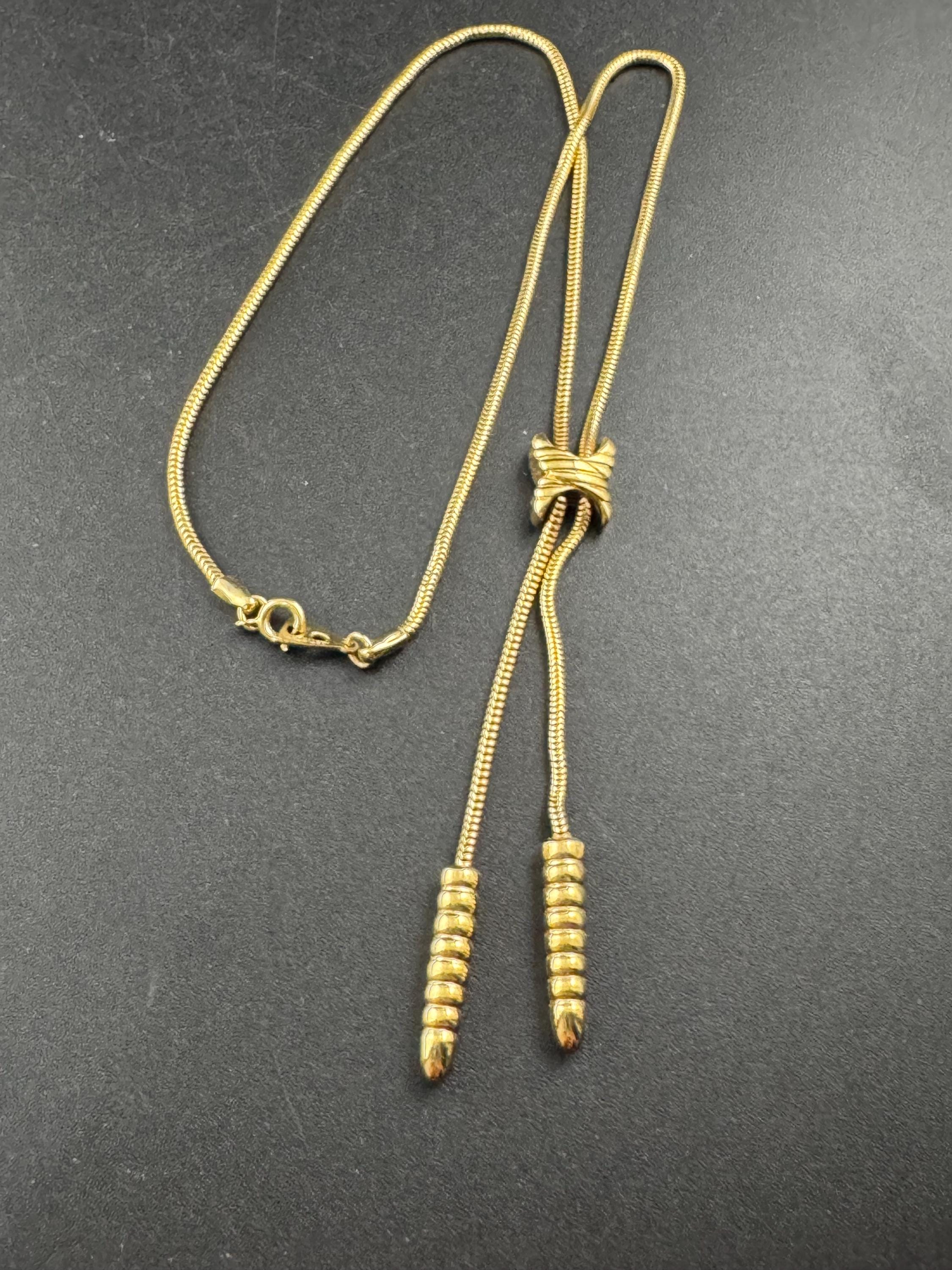 Vintage gold snake chain lariat drop necklace, signed artistry