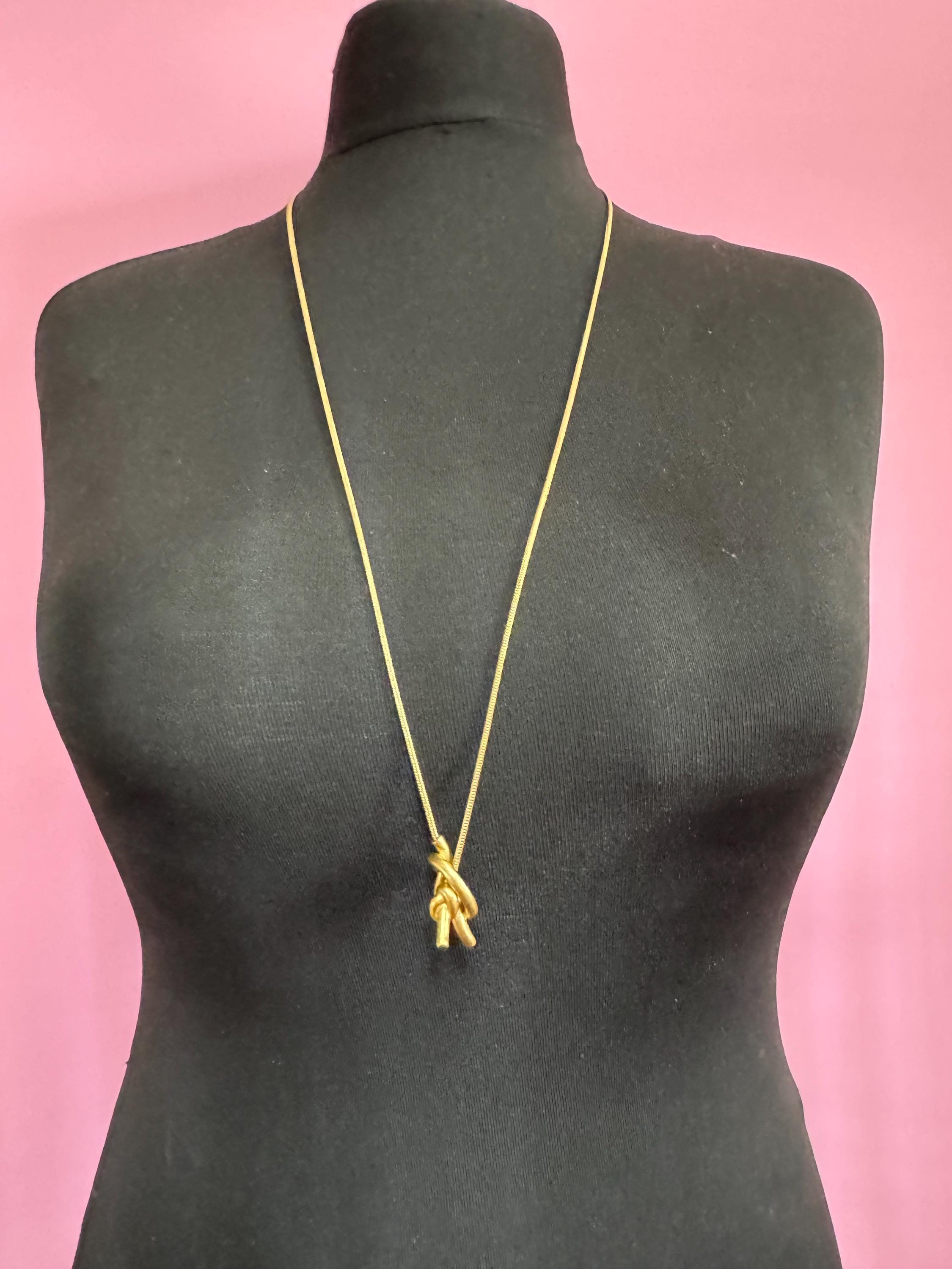 Vintage long snake chain knot bolo slider necklace , Matt gold tone