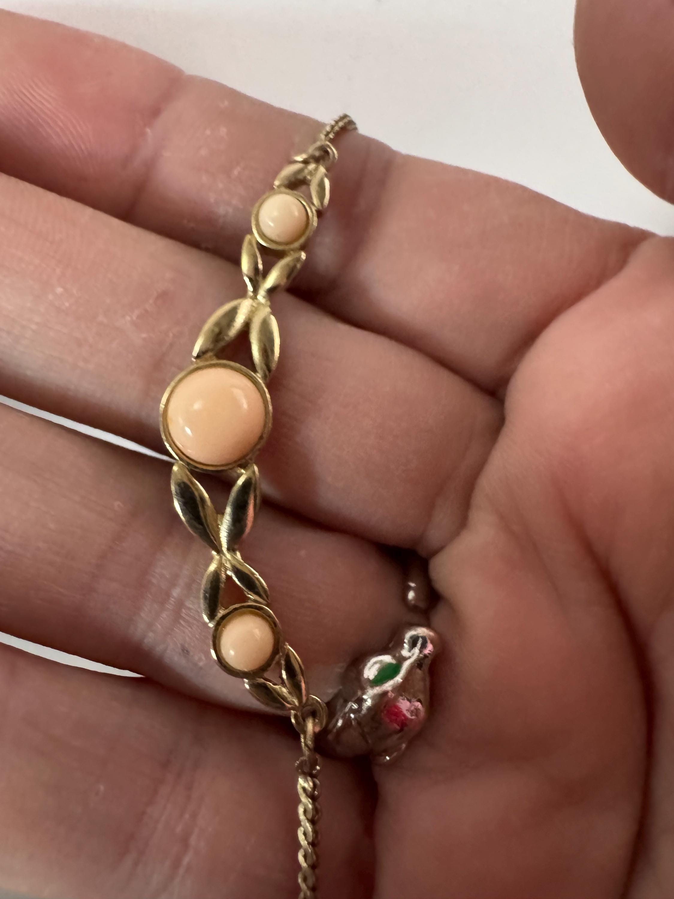 Signed Avon dainty 80s gold flat link chain with coral peach cabochons, plated necklace