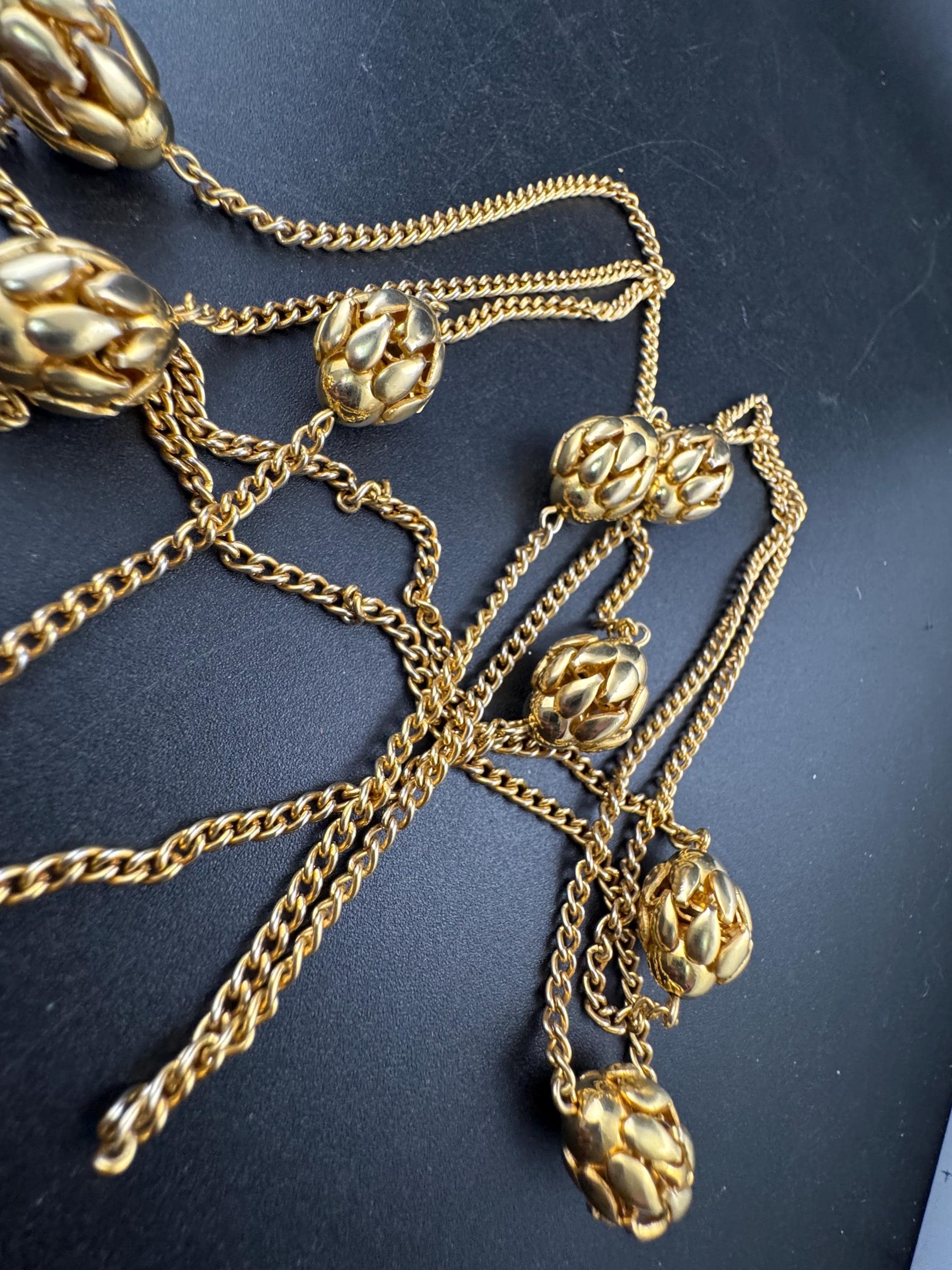 Vintage ball bead flapper chain station necklace, 140cm long 1980s gold plated