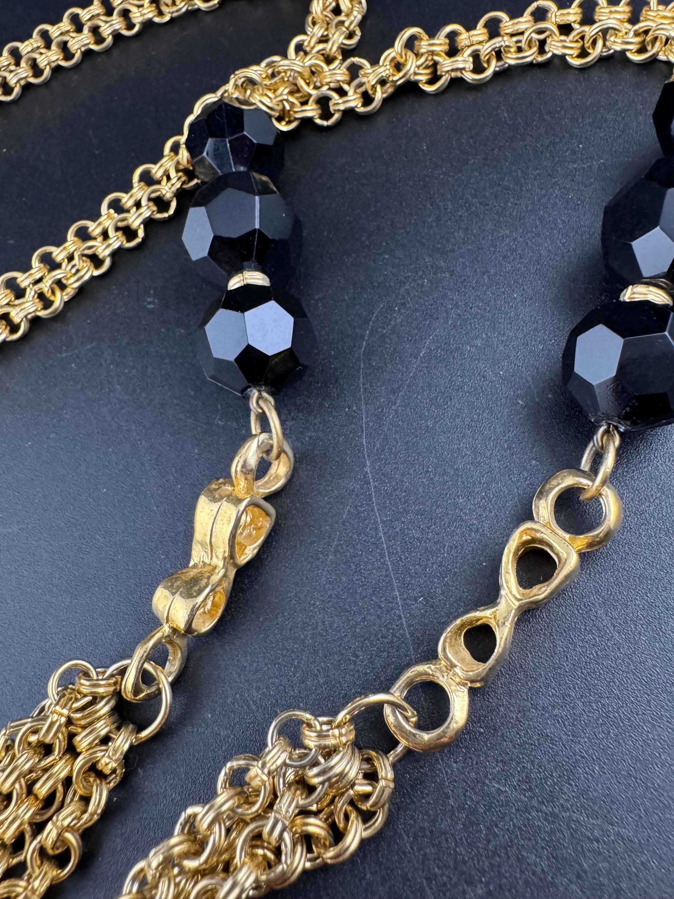 Vintage black beaded gold Multistrand chain necklace 90cm, acrylic weighty piece