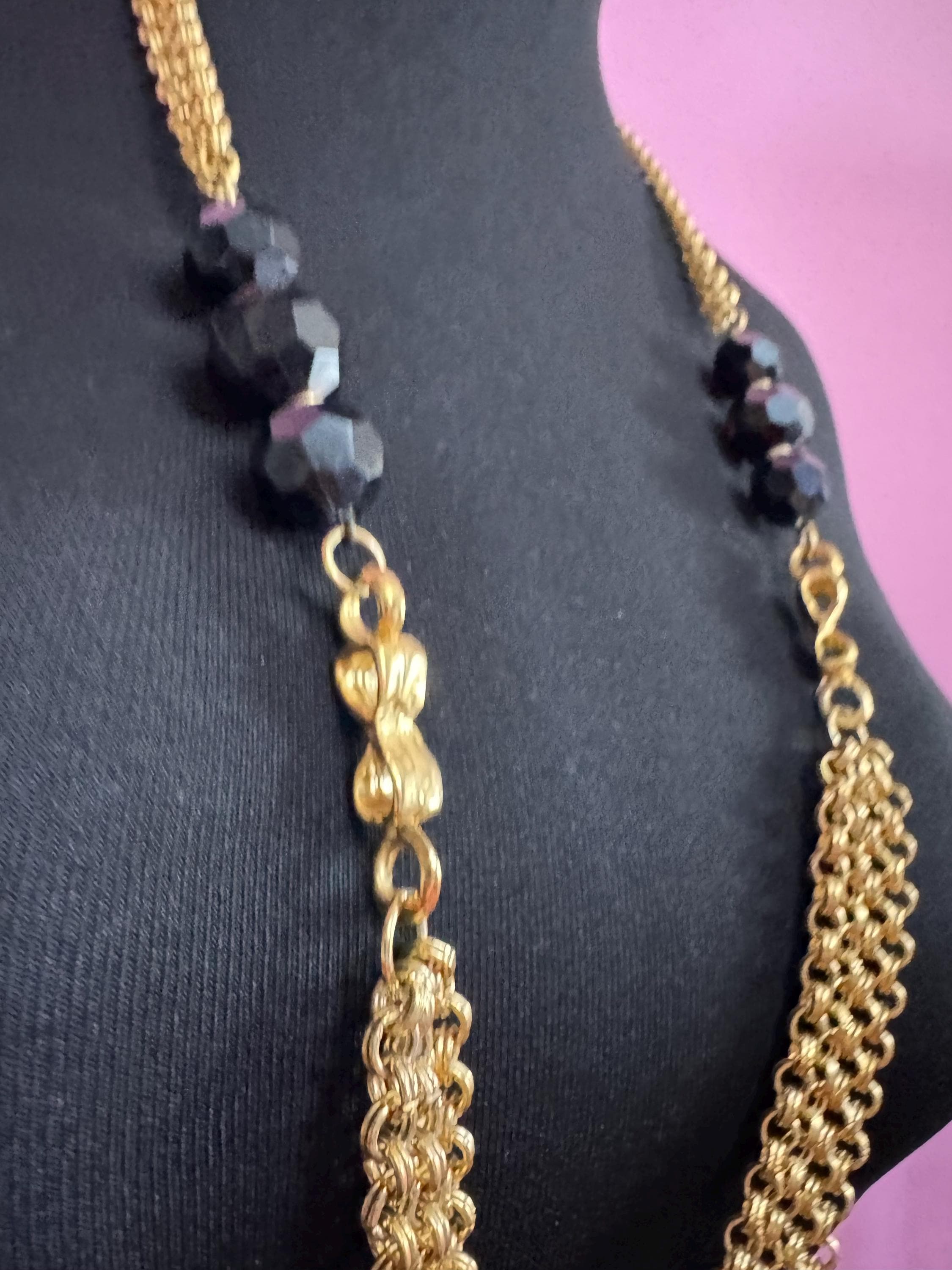 Vintage black beaded gold Multistrand chain necklace 90cm, acrylic weighty piece