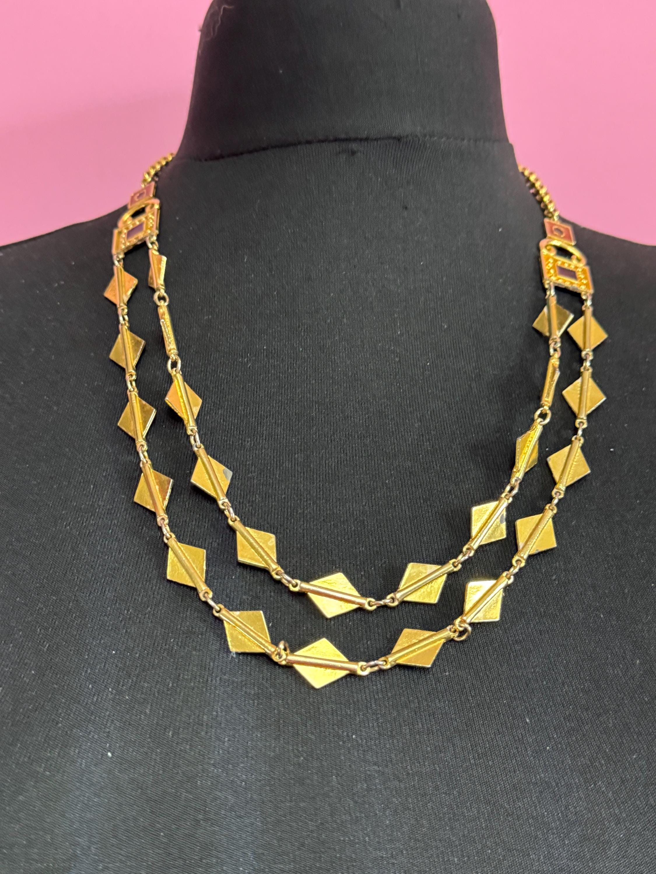 Vintage 1970s enanel gold waterfall chain necklace multi strand 62cm with wear