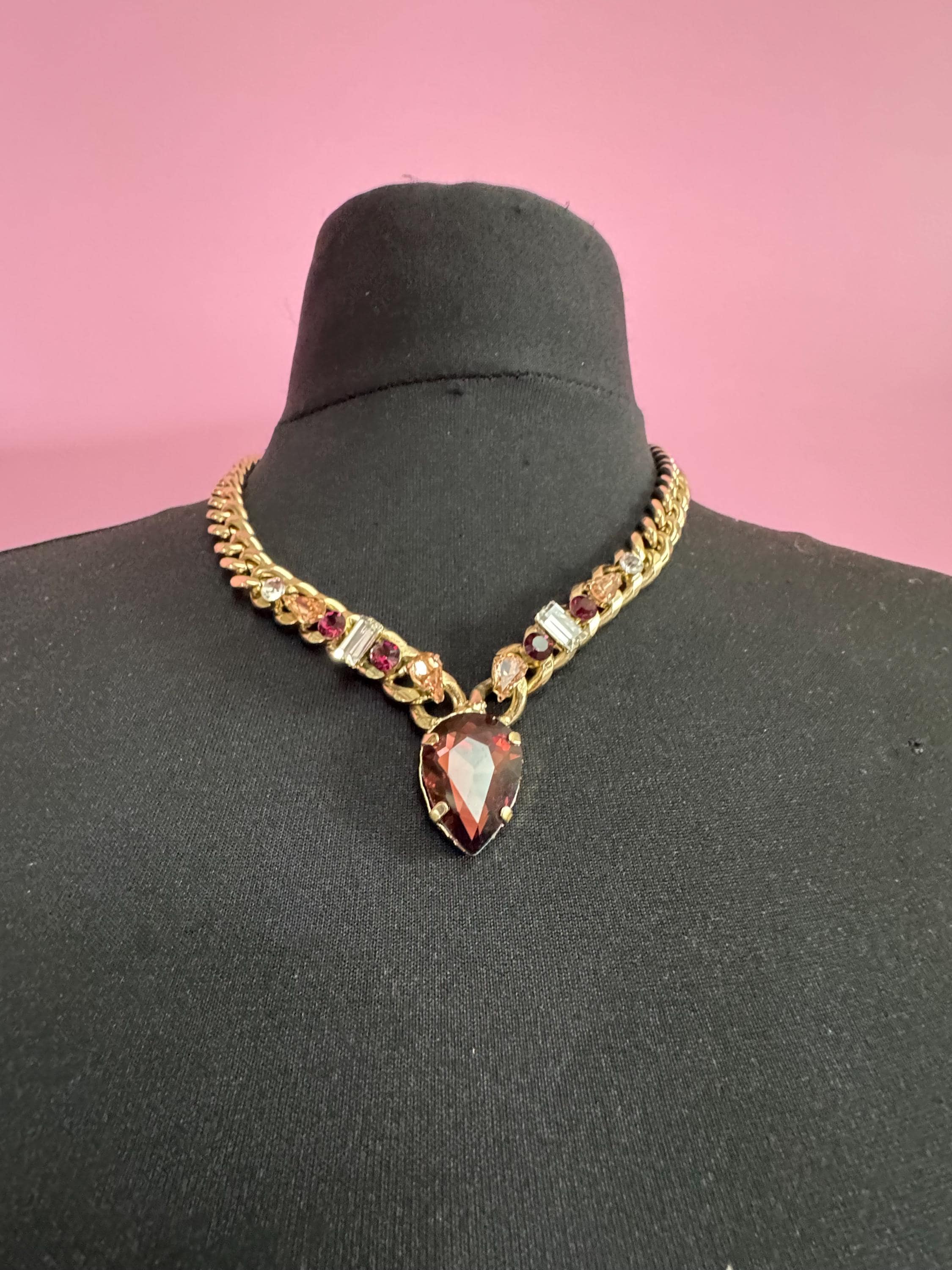 High end gold plated amethyst crystal drop necklace, chunky curb link signed