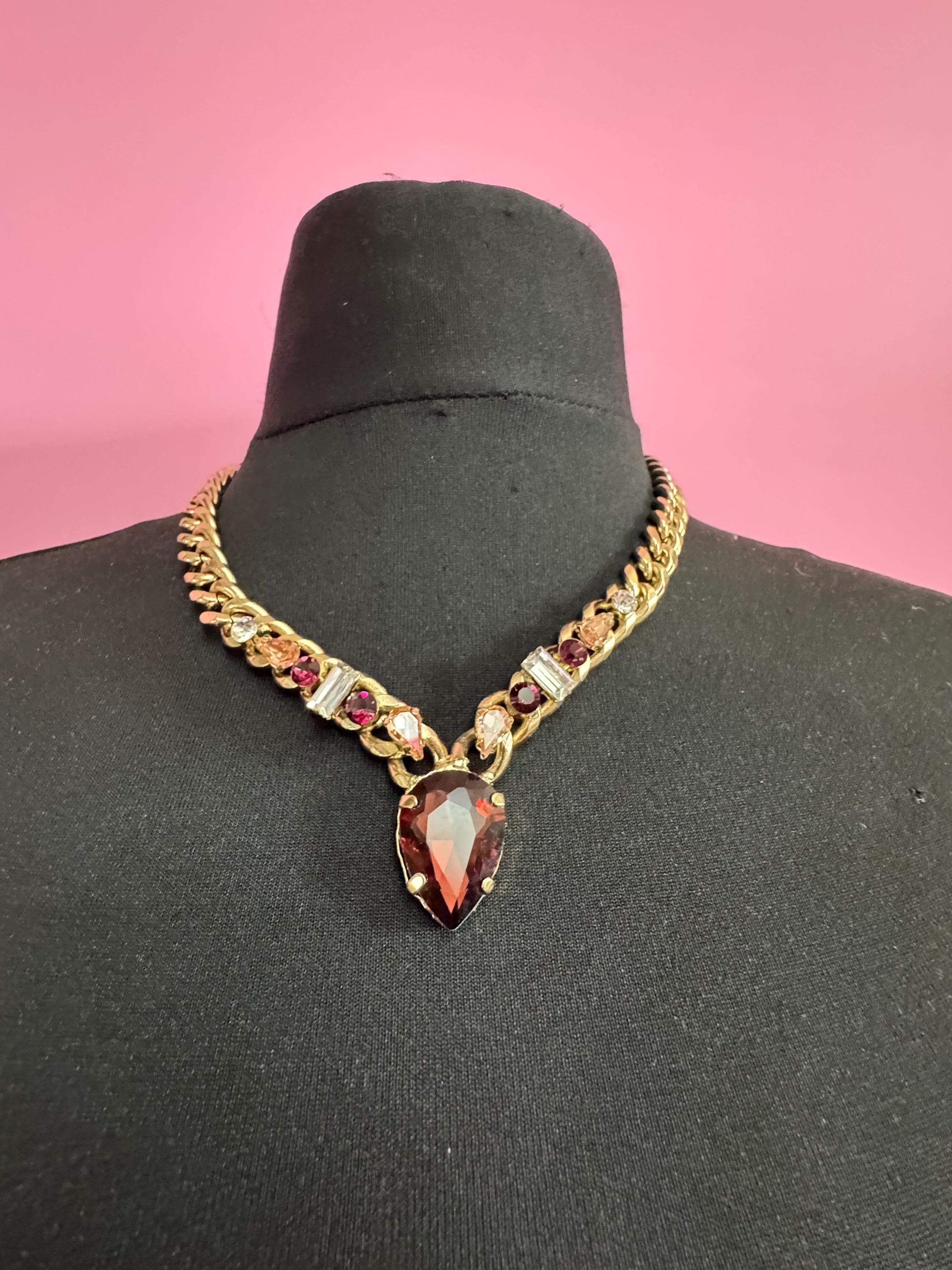 High end gold plated amethyst crystal drop necklace, chunky curb link signed