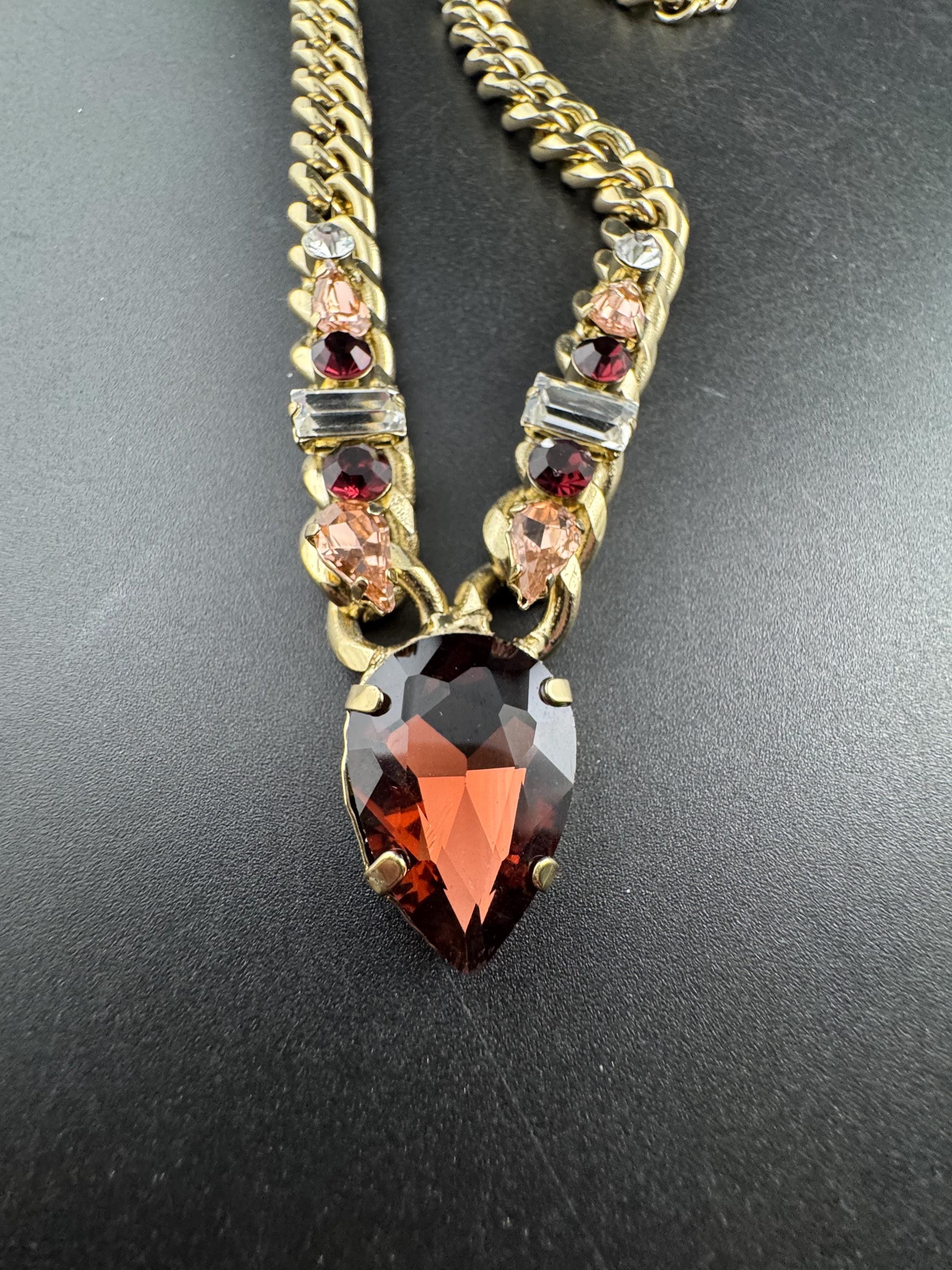 High end gold plated amethyst crystal drop necklace, chunky curb link signed