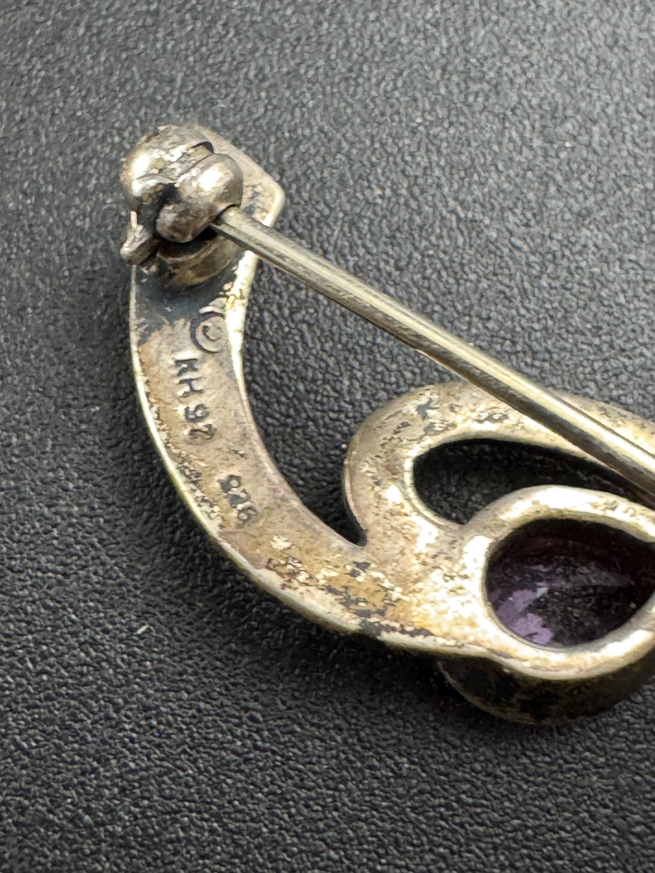 Kit Heath 1997 Sterling silver 925 amethyst brooch, art nouveau Rennie mackintish style