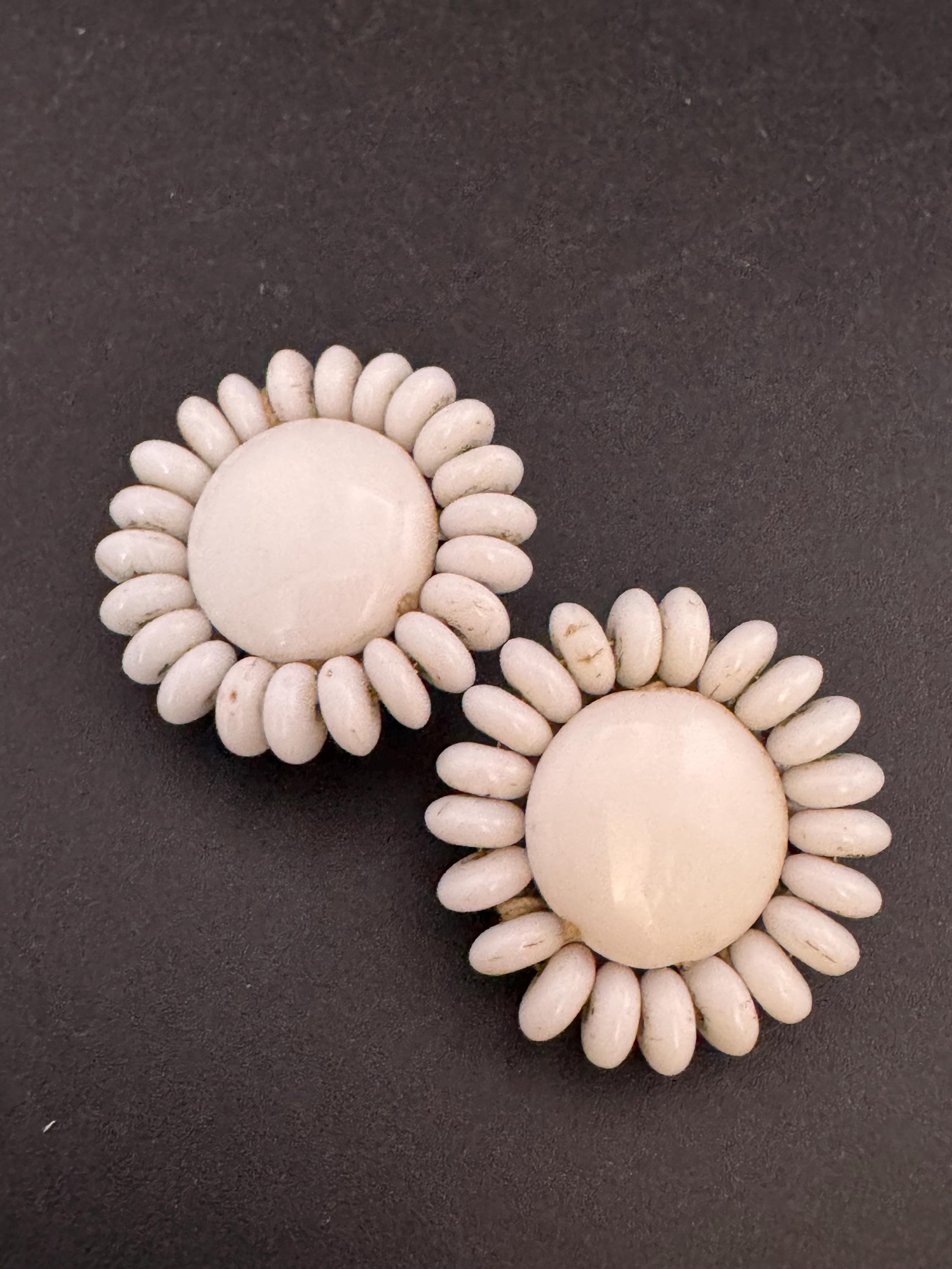 Vintage white milk glass floral beaded Cluster Clip On Earrings 1940s 1950s