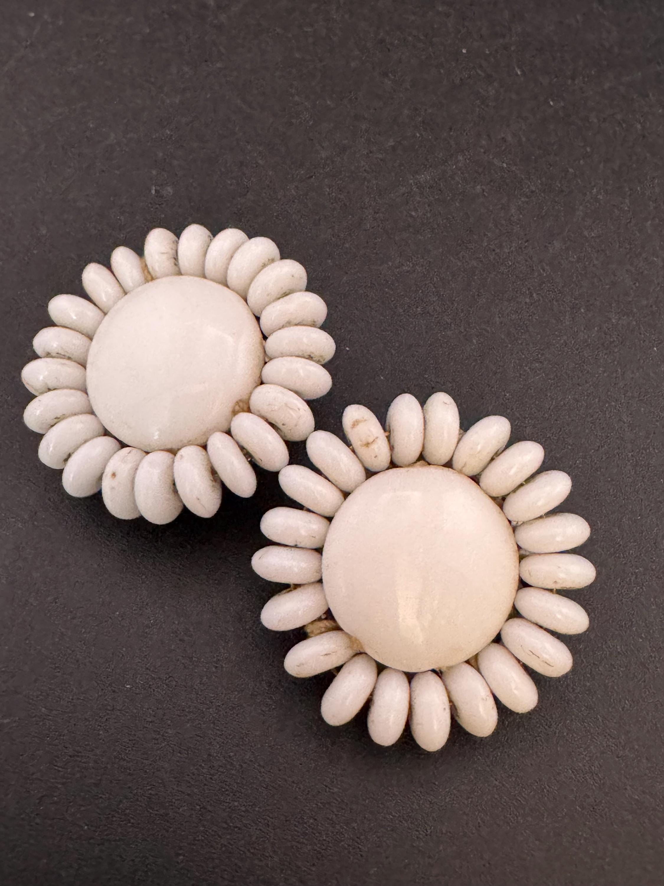 Vintage white milk glass floral beaded Cluster Clip On Earrings 1940s 1950s