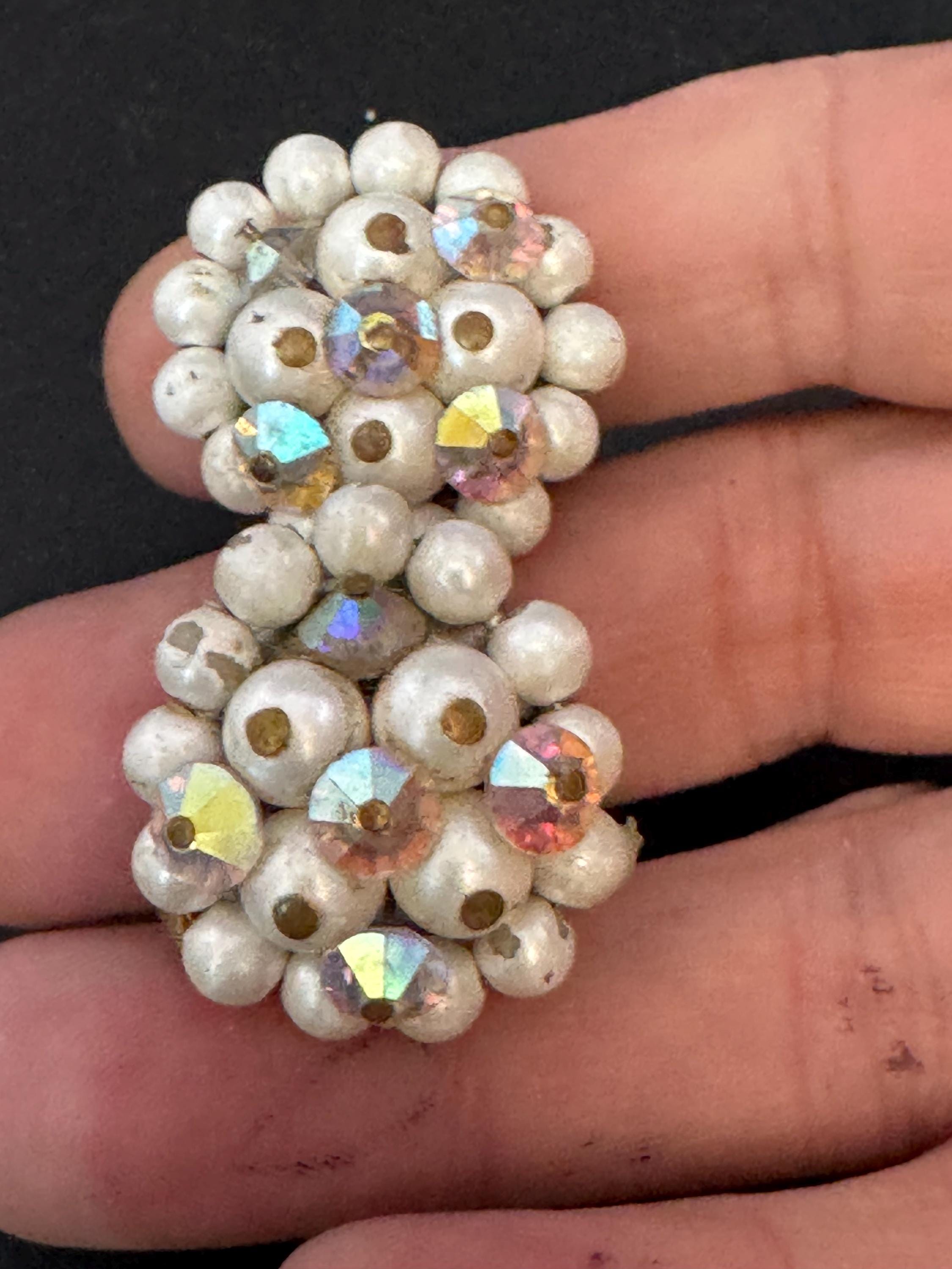 Vintage 1950s rainbow AB glass faux Pearl beaded Cluster Clip On Earrings