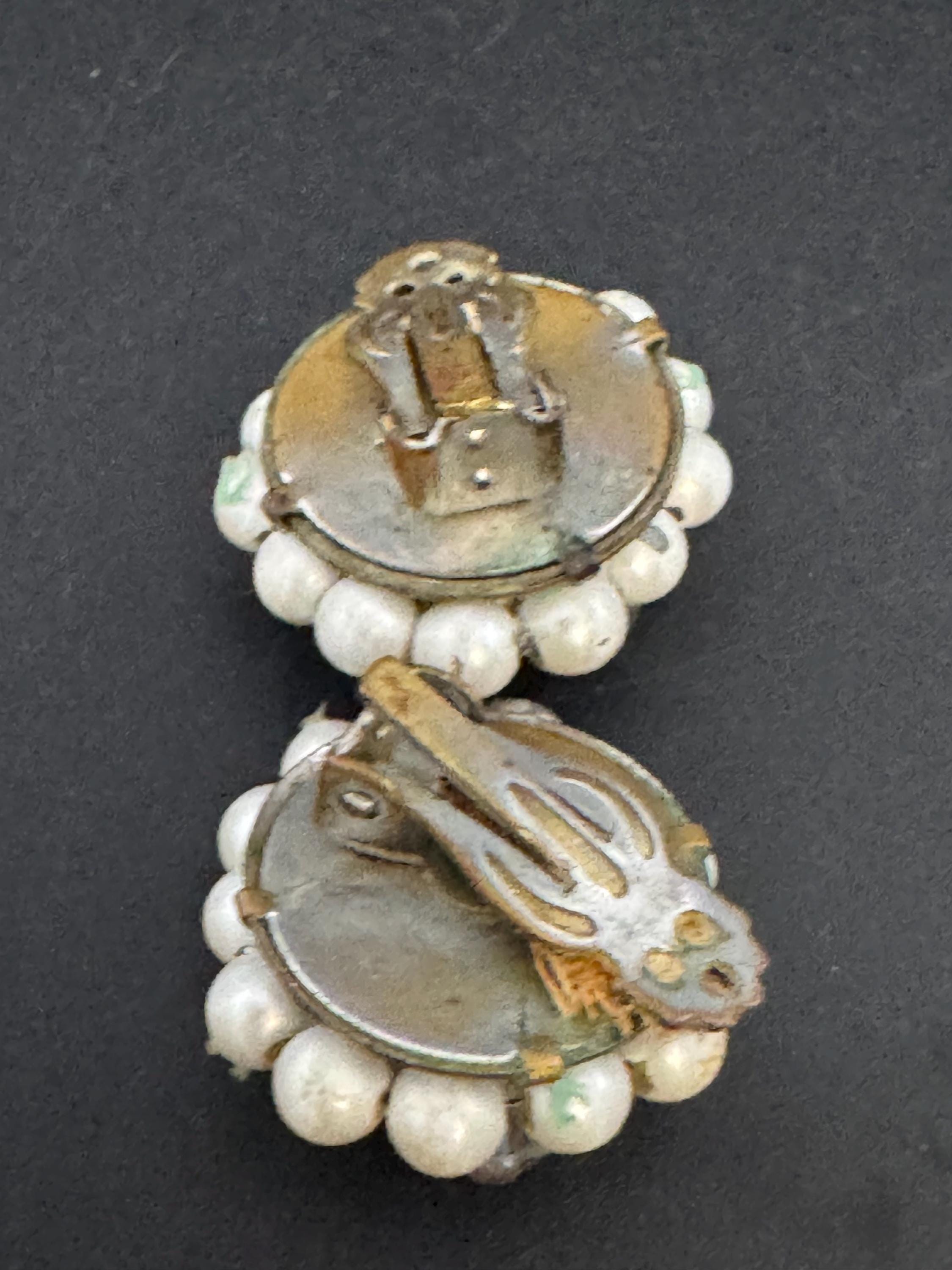 Vintage 1950s rainbow AB glass faux Pearl beaded Cluster Clip On Earrings