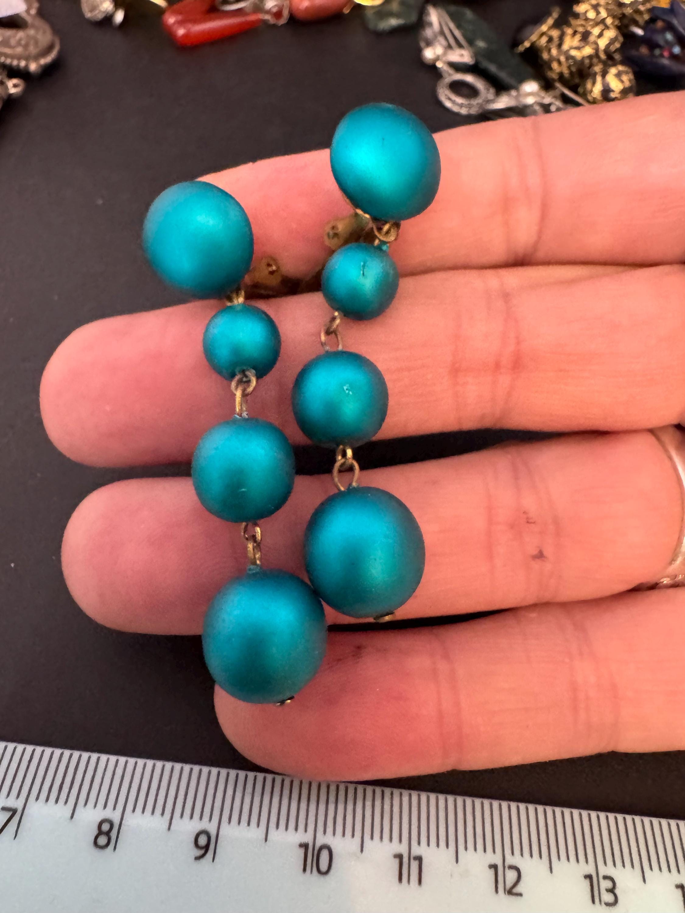 Vintage teal green acrylic bead dangly clip on earrings