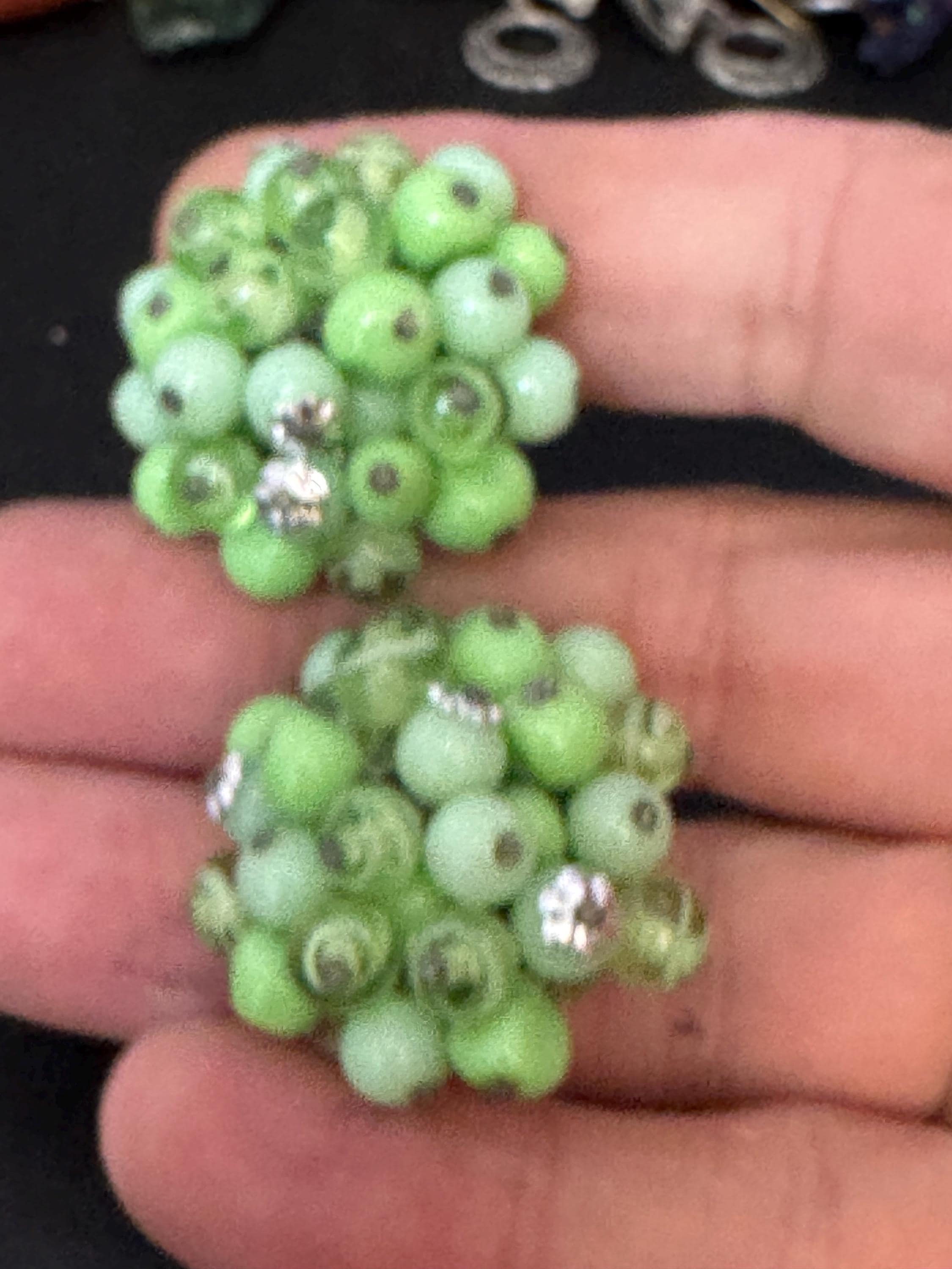 Vintage Green glass beaded cluster clip on earrings