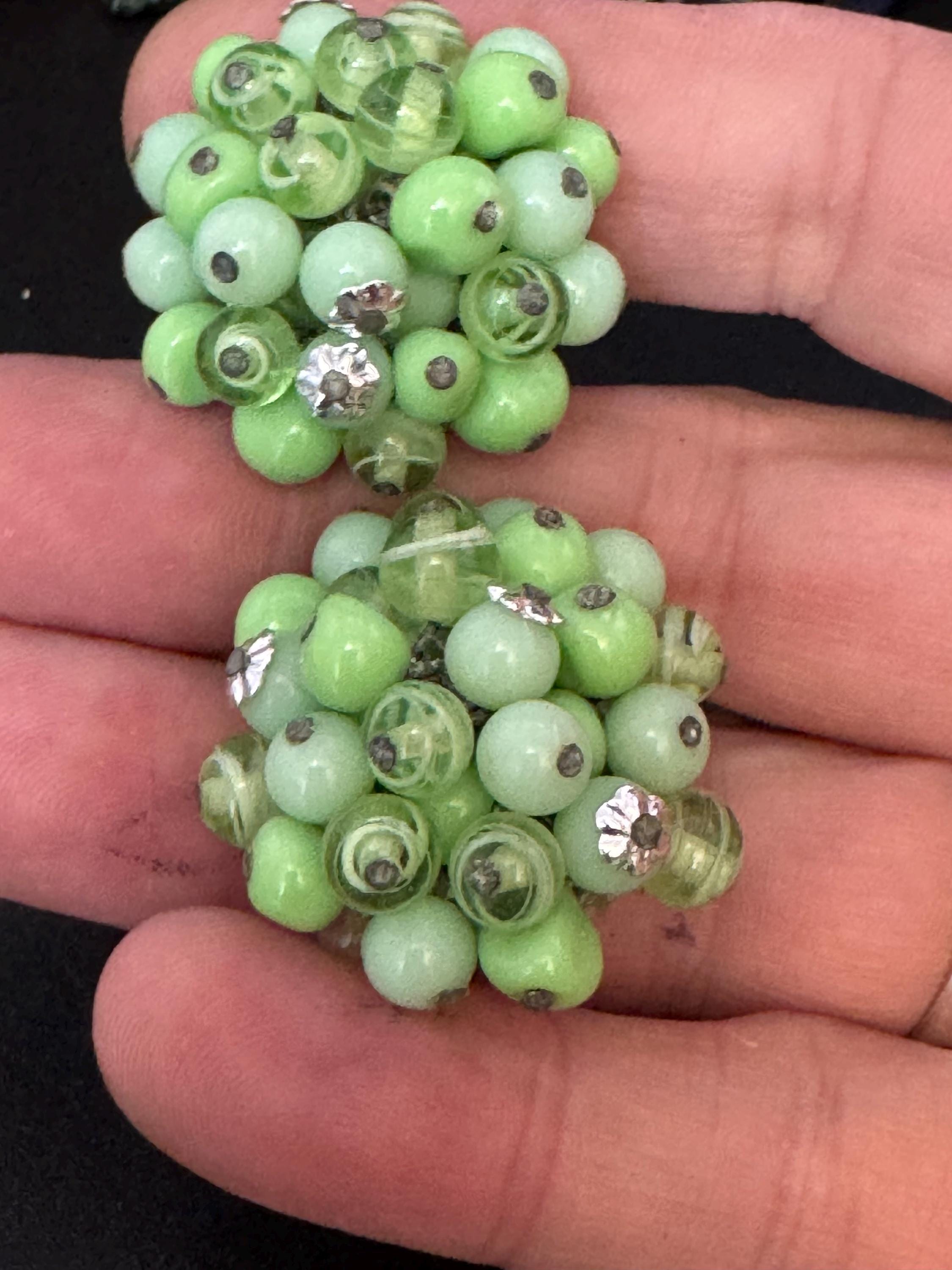 Vintage Green glass beaded cluster clip on earrings