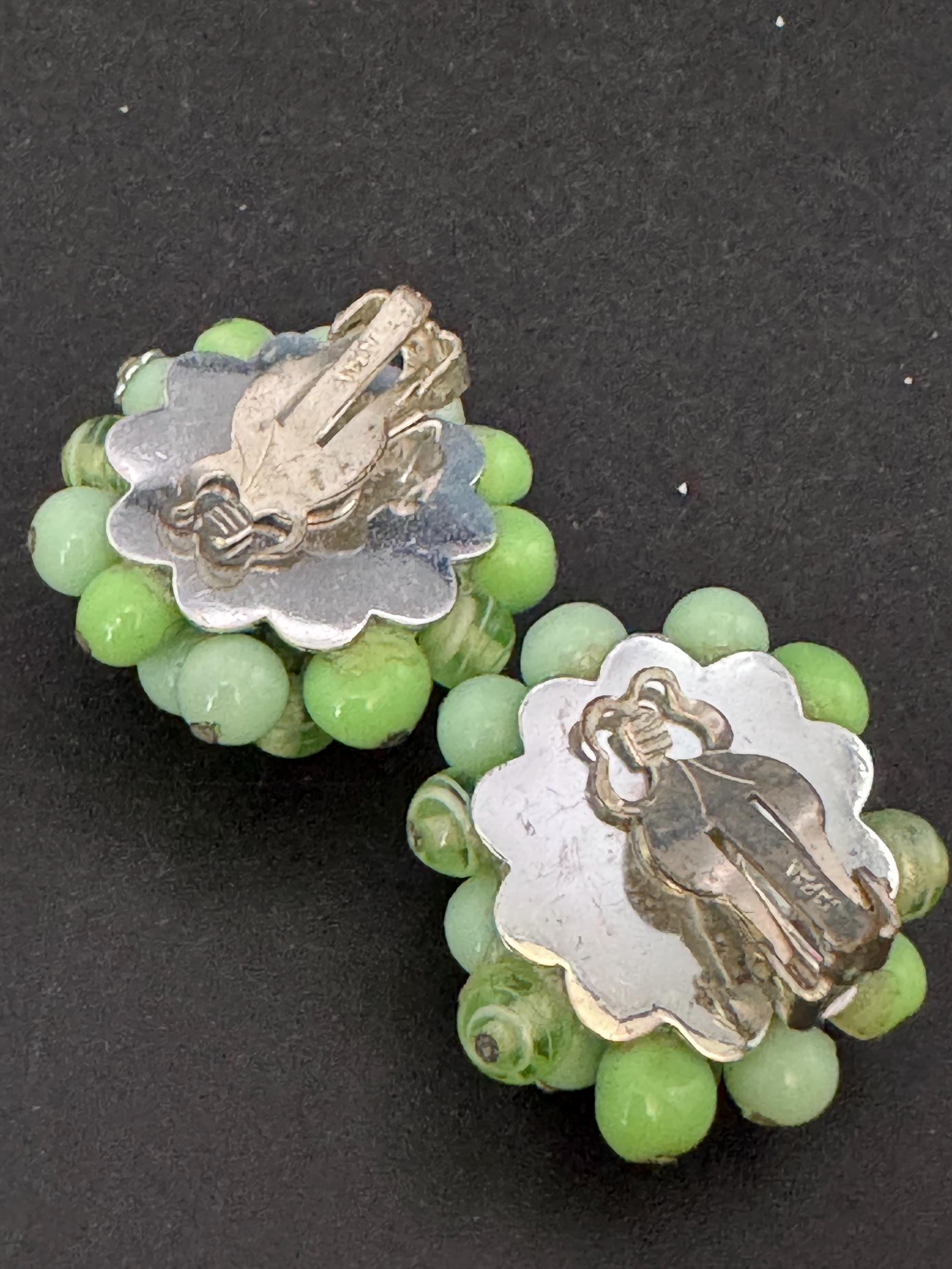 Vintage Green glass beaded cluster clip on earrings