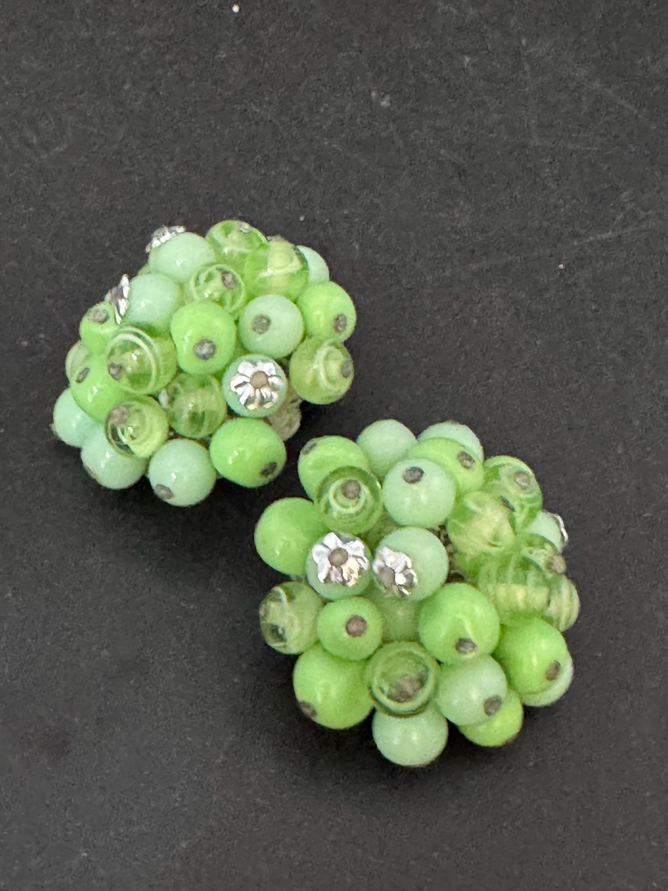 Vintage Green glass beaded cluster clip on earrings