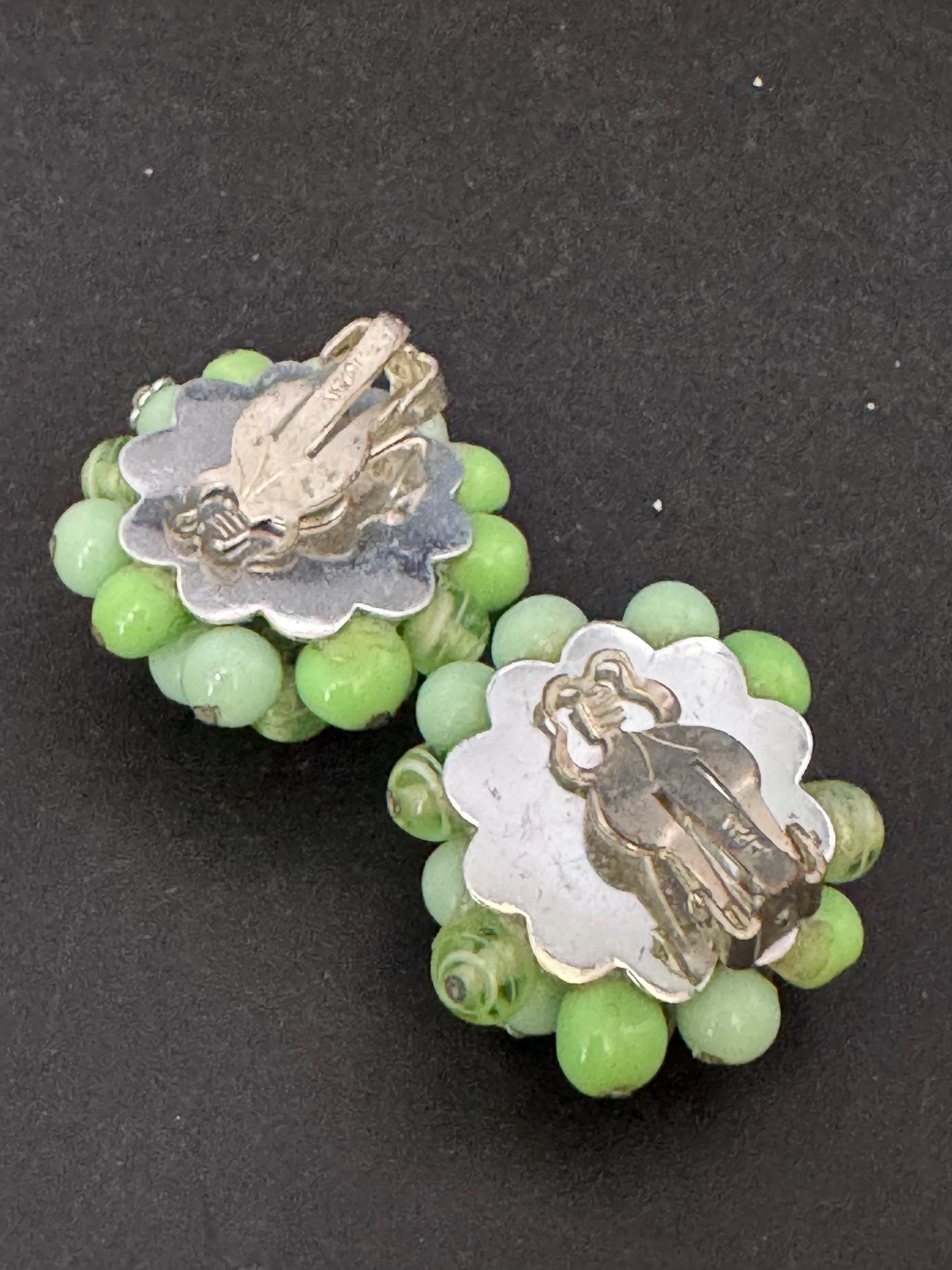 Vintage Green glass beaded cluster clip on earrings