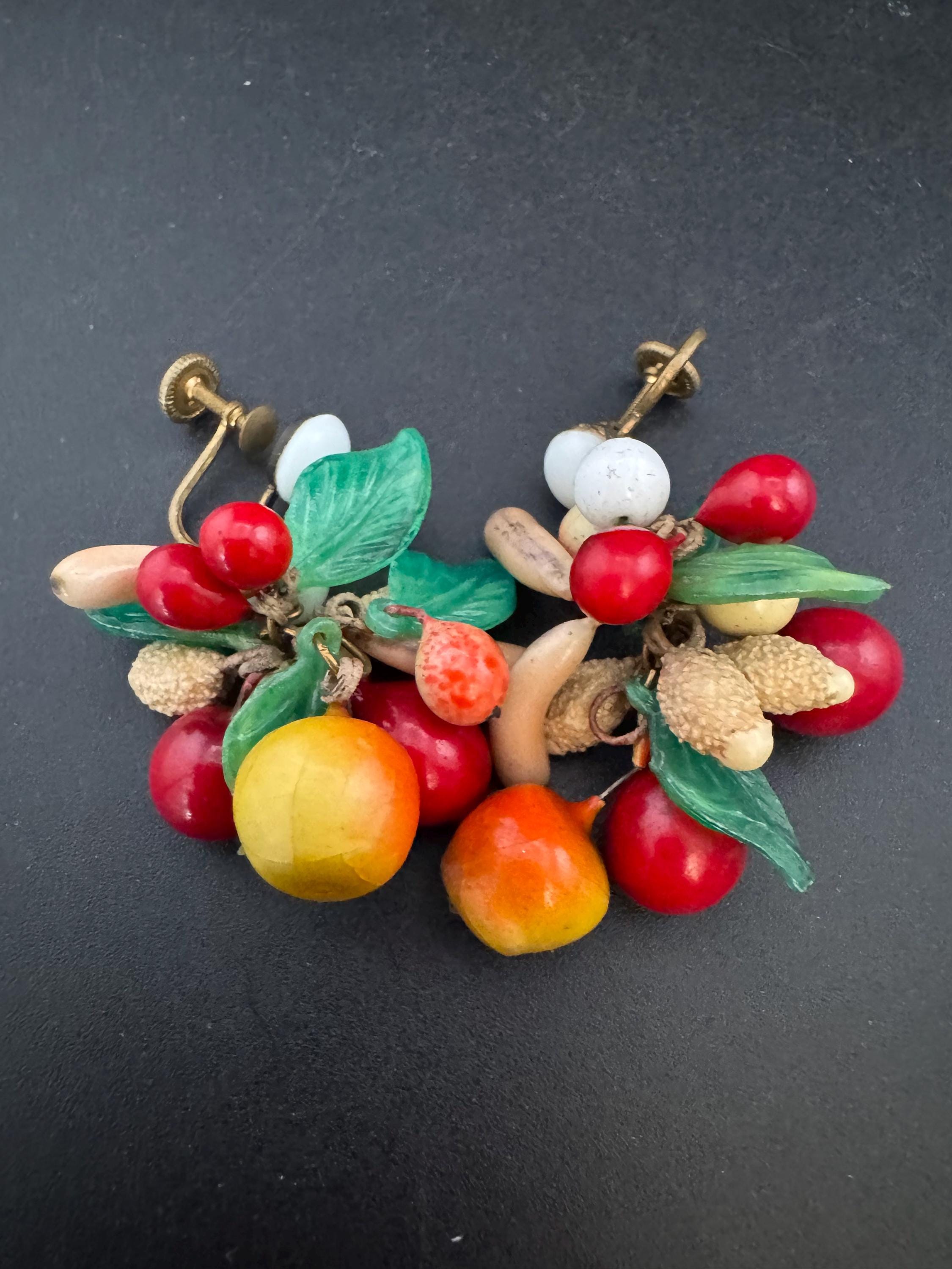 vintage fruit dangly cluster clip on earrings 1930s Art Deco