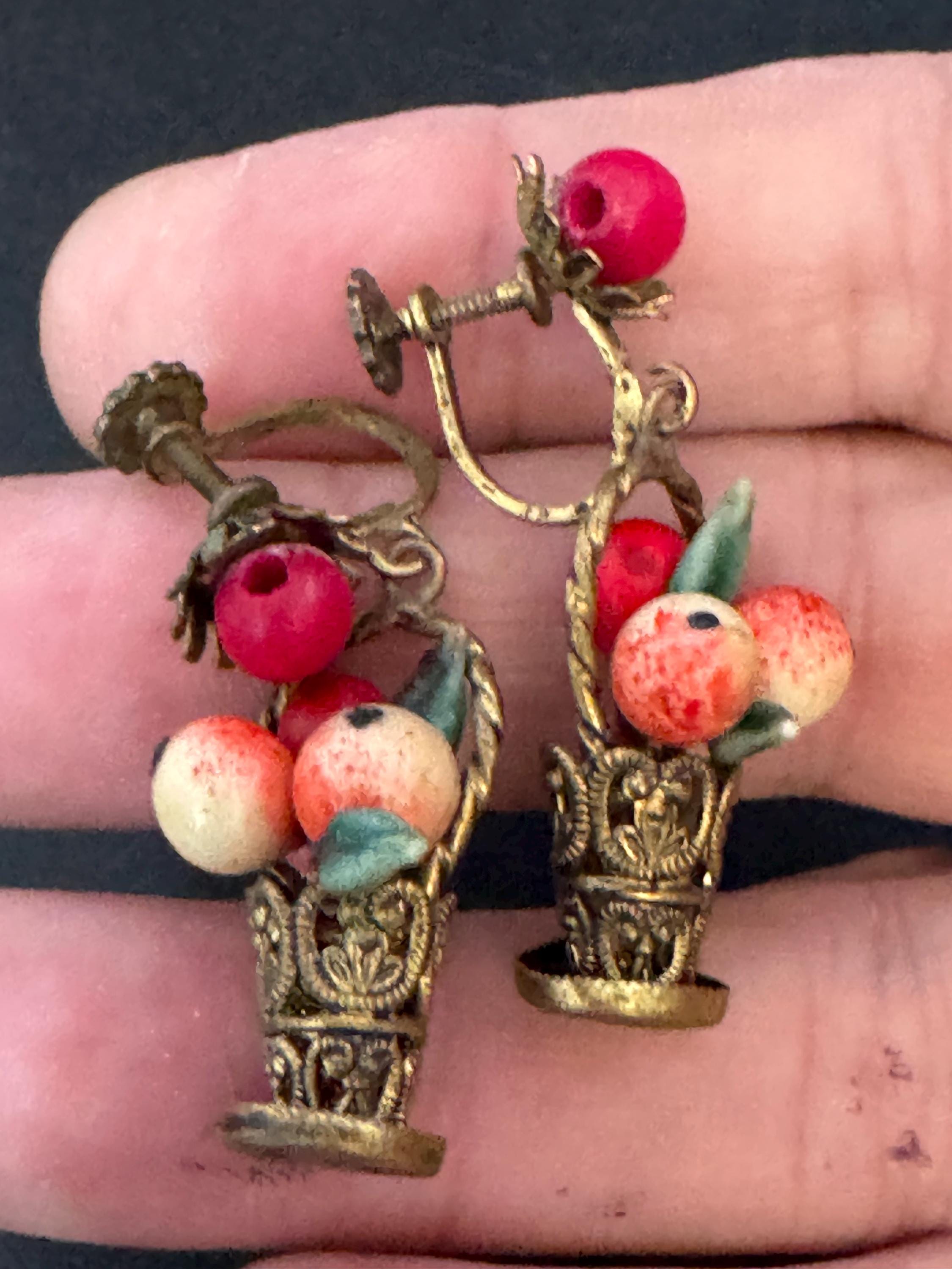 vintage brass FRUIT Basket clip on drop earrings 1930s Art Deco