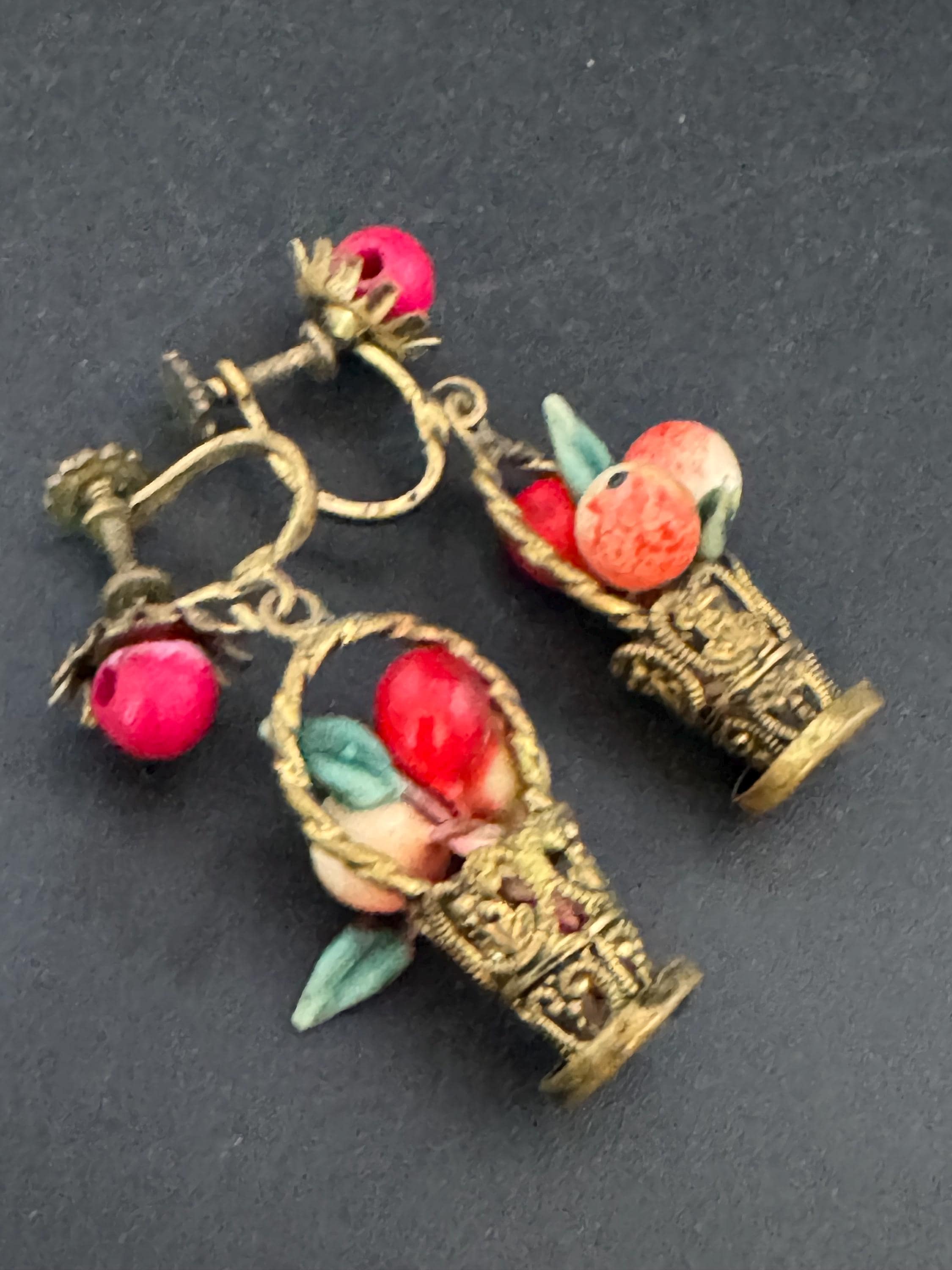 vintage brass FRUIT Basket clip on drop earrings 1930s Art Deco