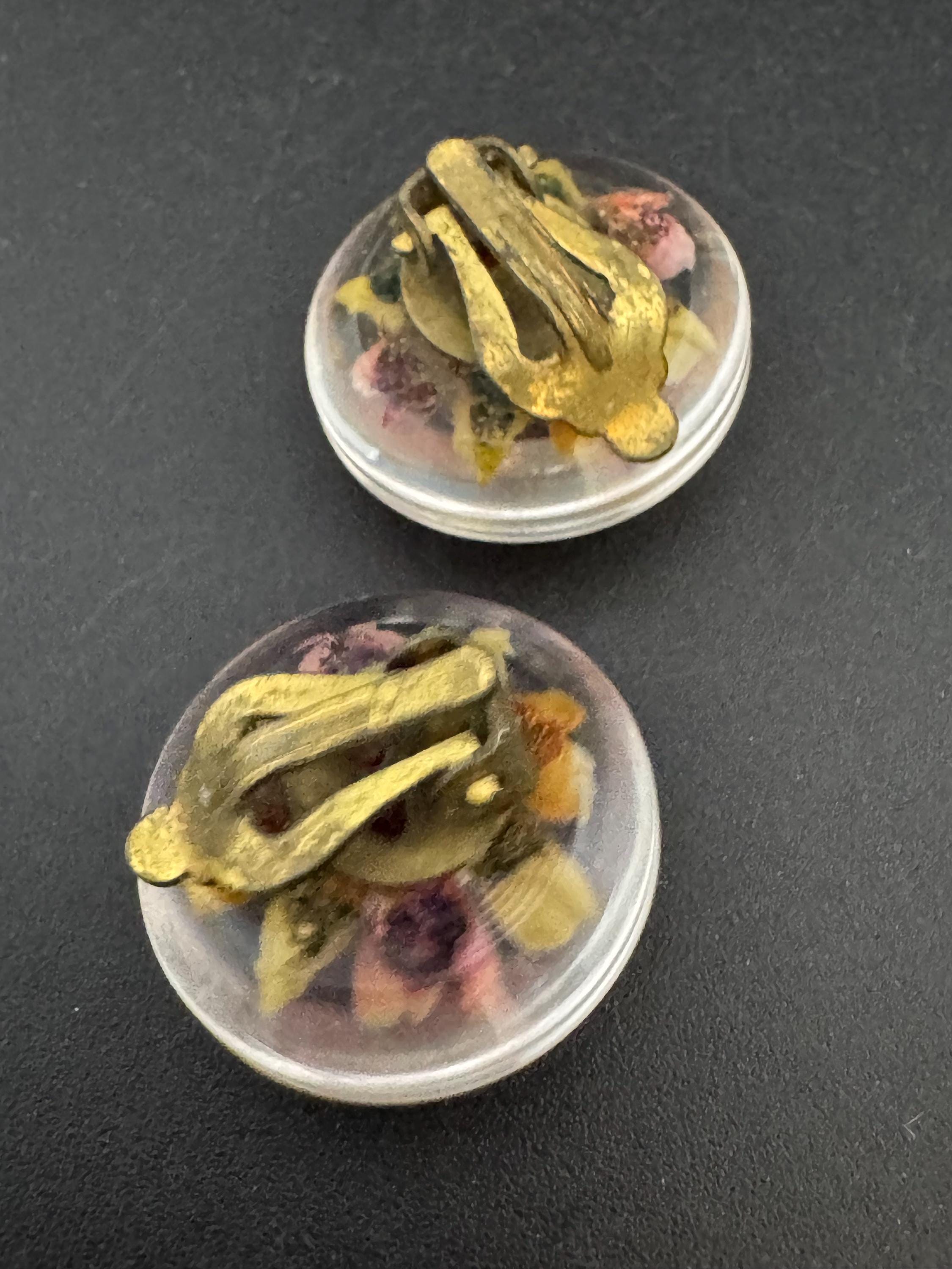 Vintage Perspex clear lucite pink Clip On Earrings early plastic Rose floral