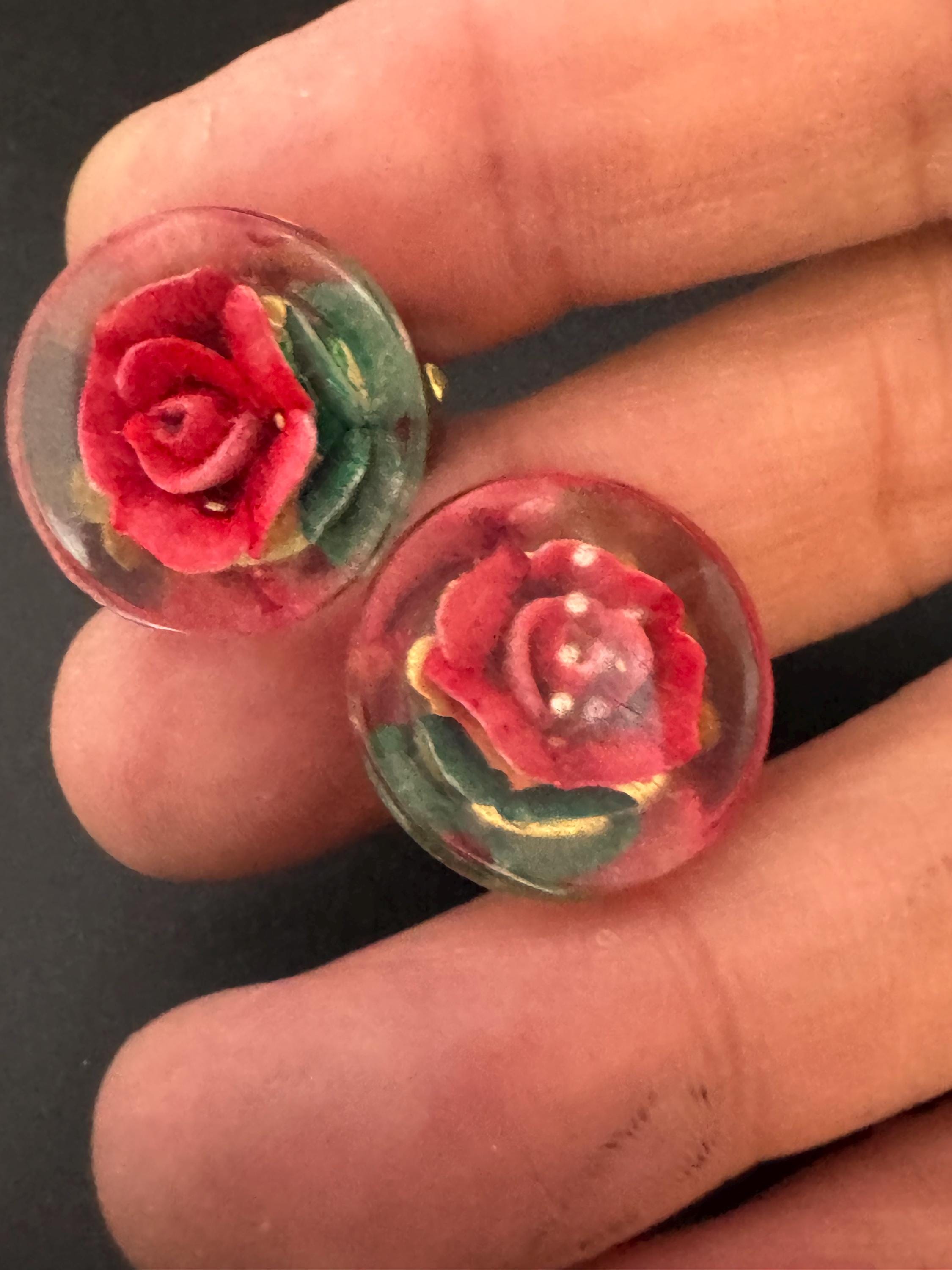 Vintage Perspex clear lucite red Clip On Earrings early plastic Rose floral