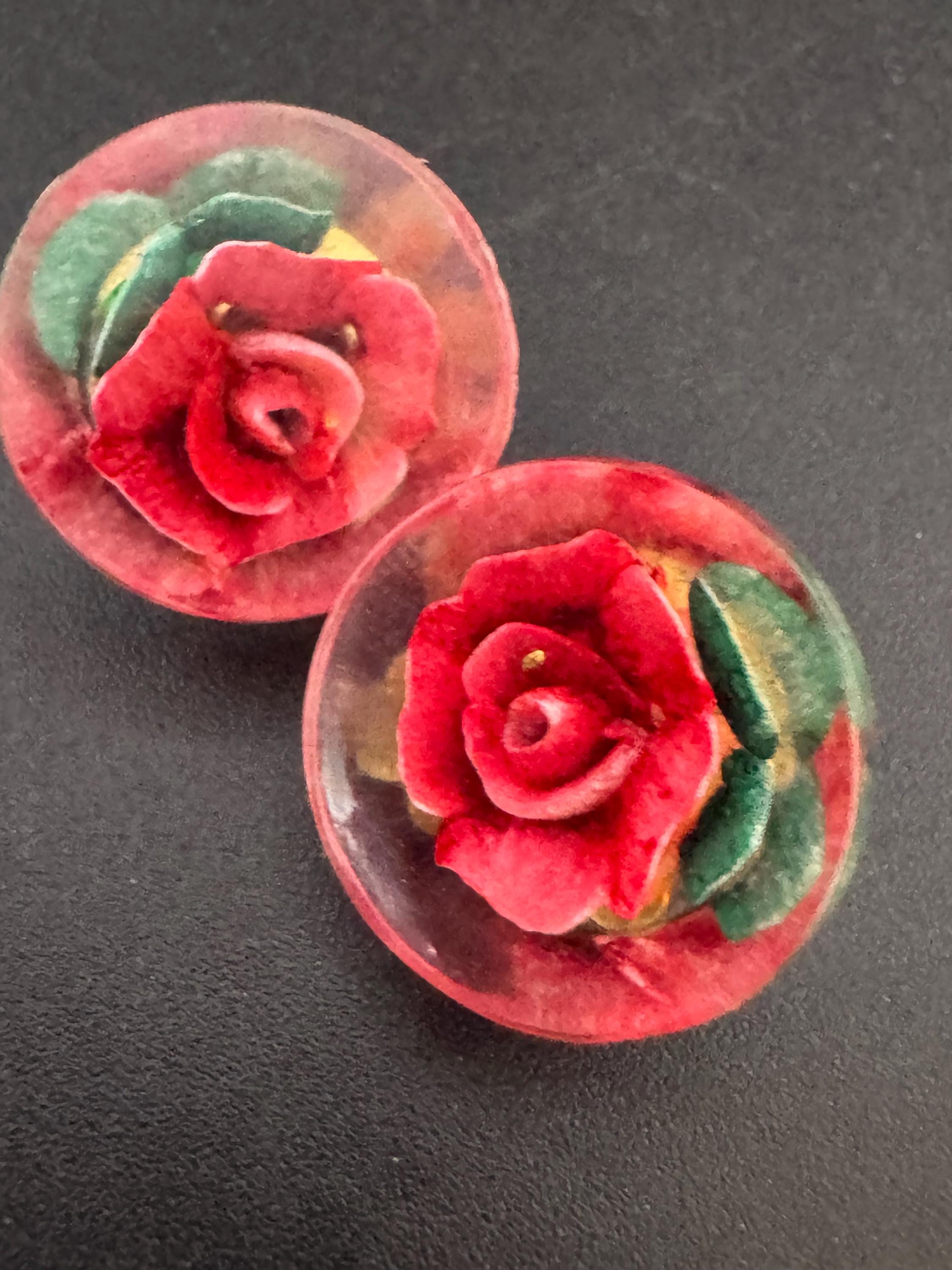 Vintage Perspex clear lucite red Clip On Earrings early plastic Rose floral