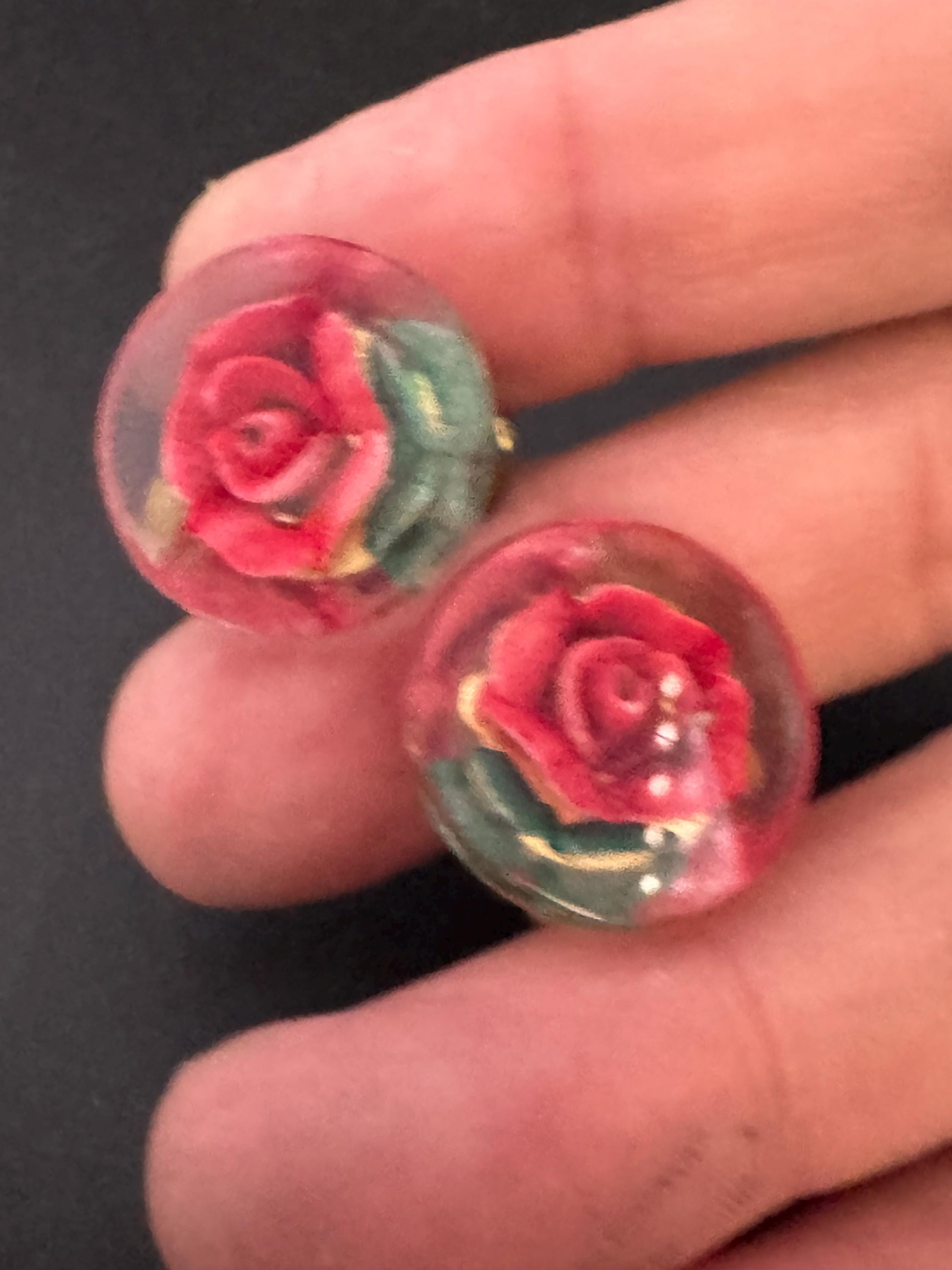 Vintage Perspex clear lucite red Clip On Earrings early plastic Rose floral