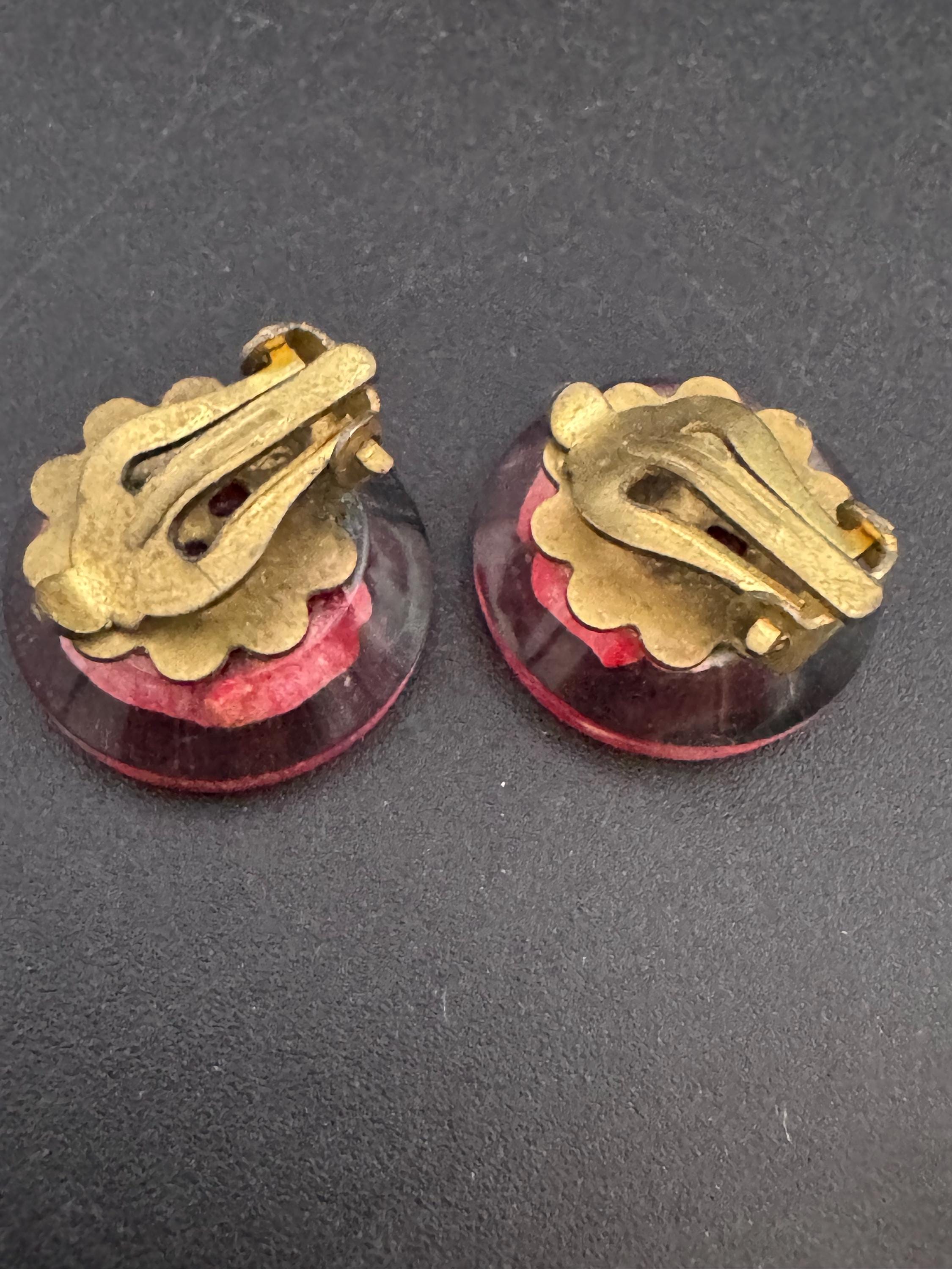 Vintage Perspex clear lucite red Clip On Earrings early plastic Rose floral
