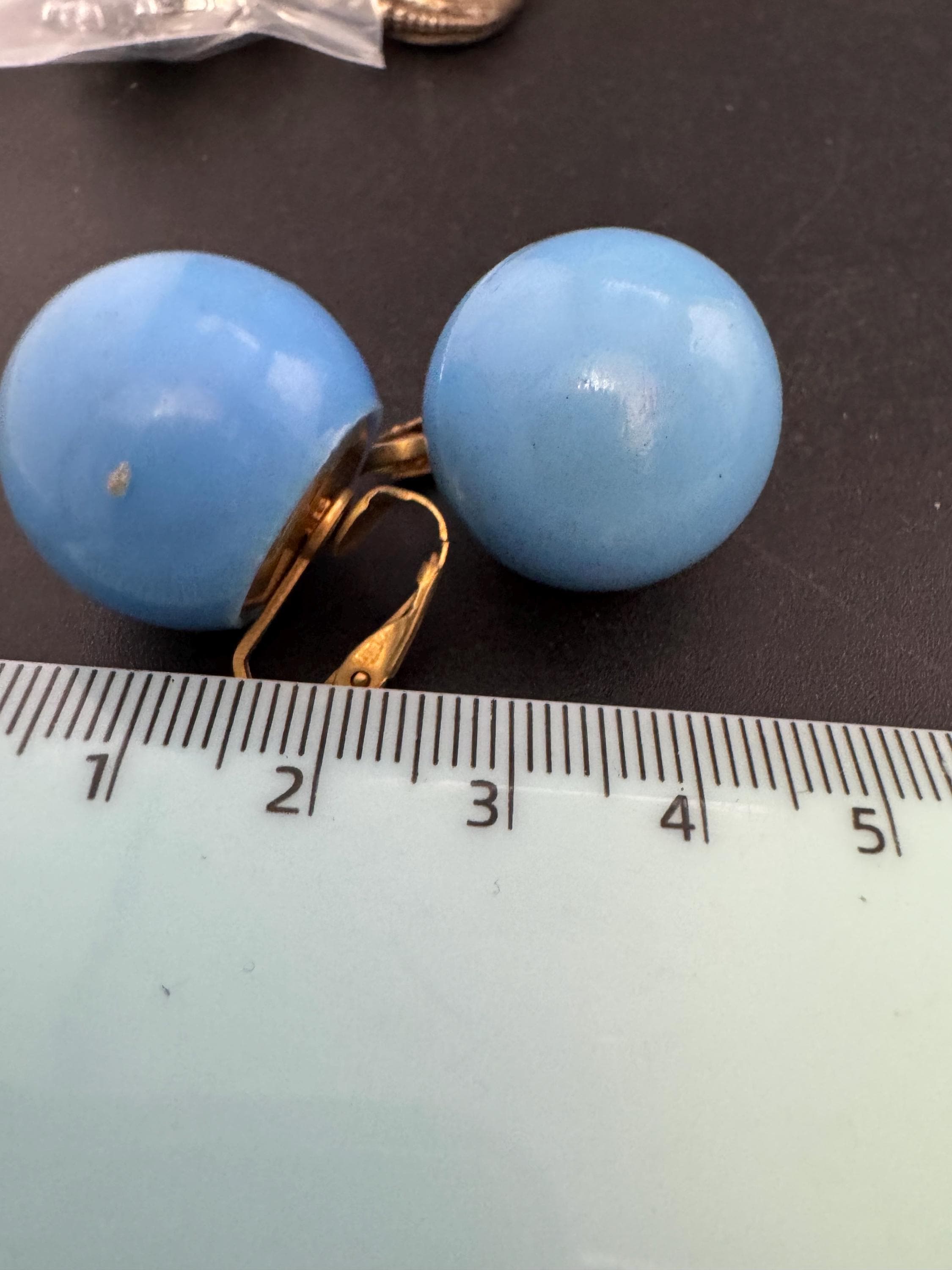 Vintage 2cm round mid blue plastic ball clip on earrings 1960s