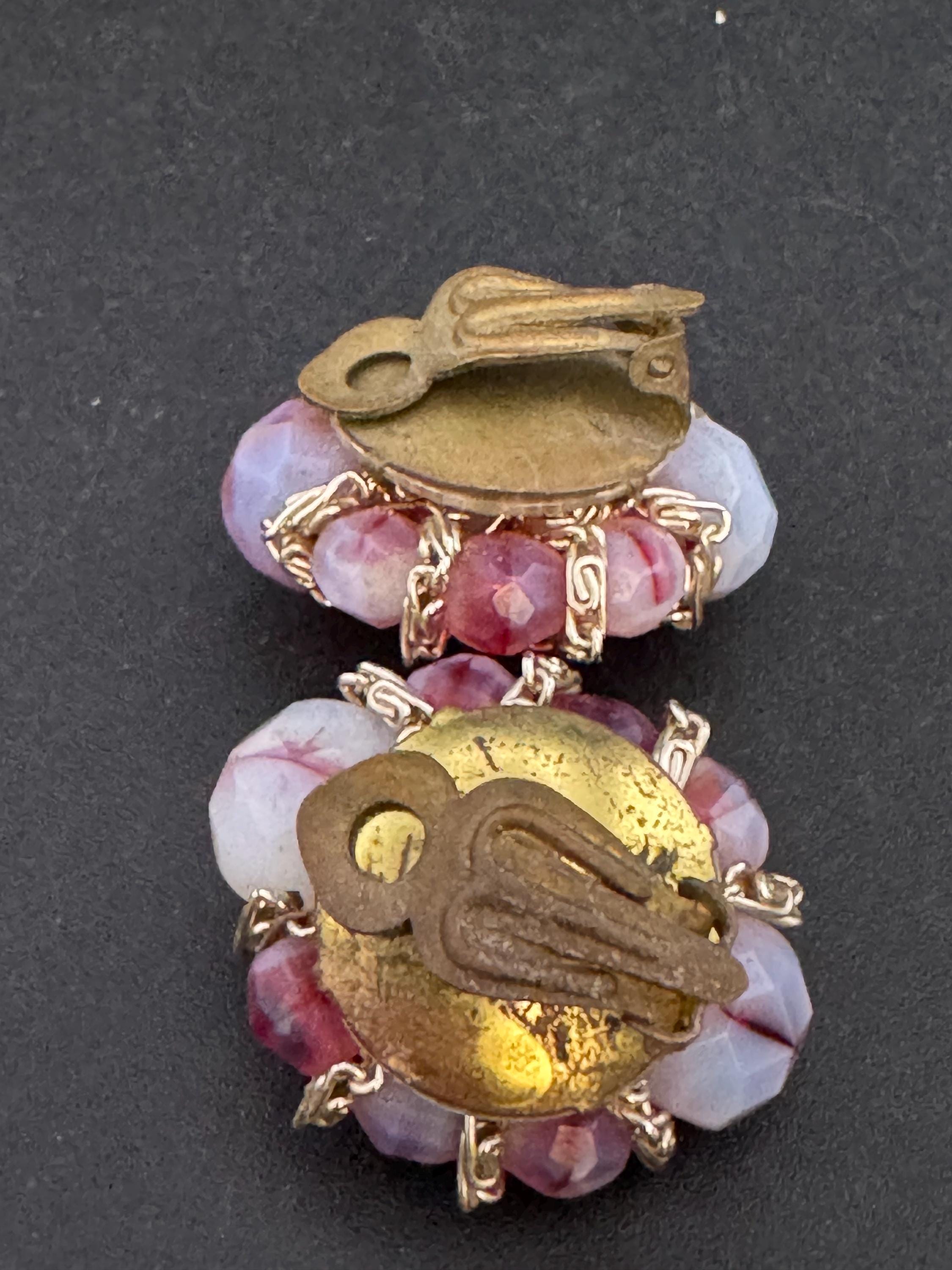 Vintage purple and pink glass beaded Cluster Clip On Earrings