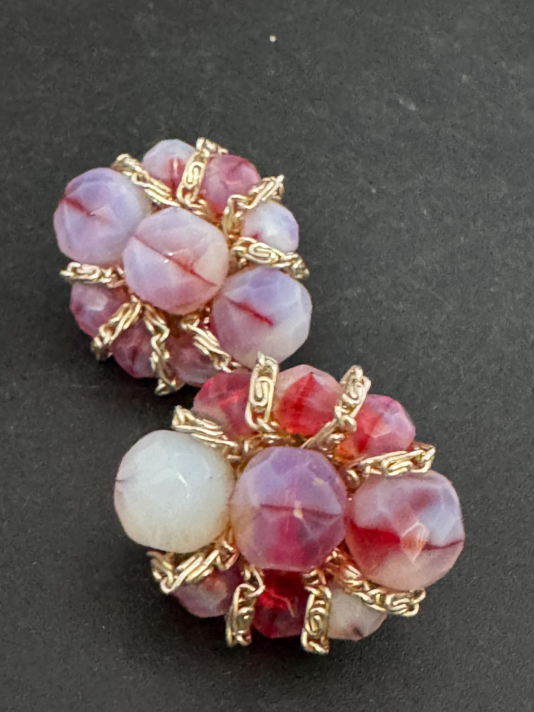 Vintage purple and pink glass beaded Cluster Clip On Earrings