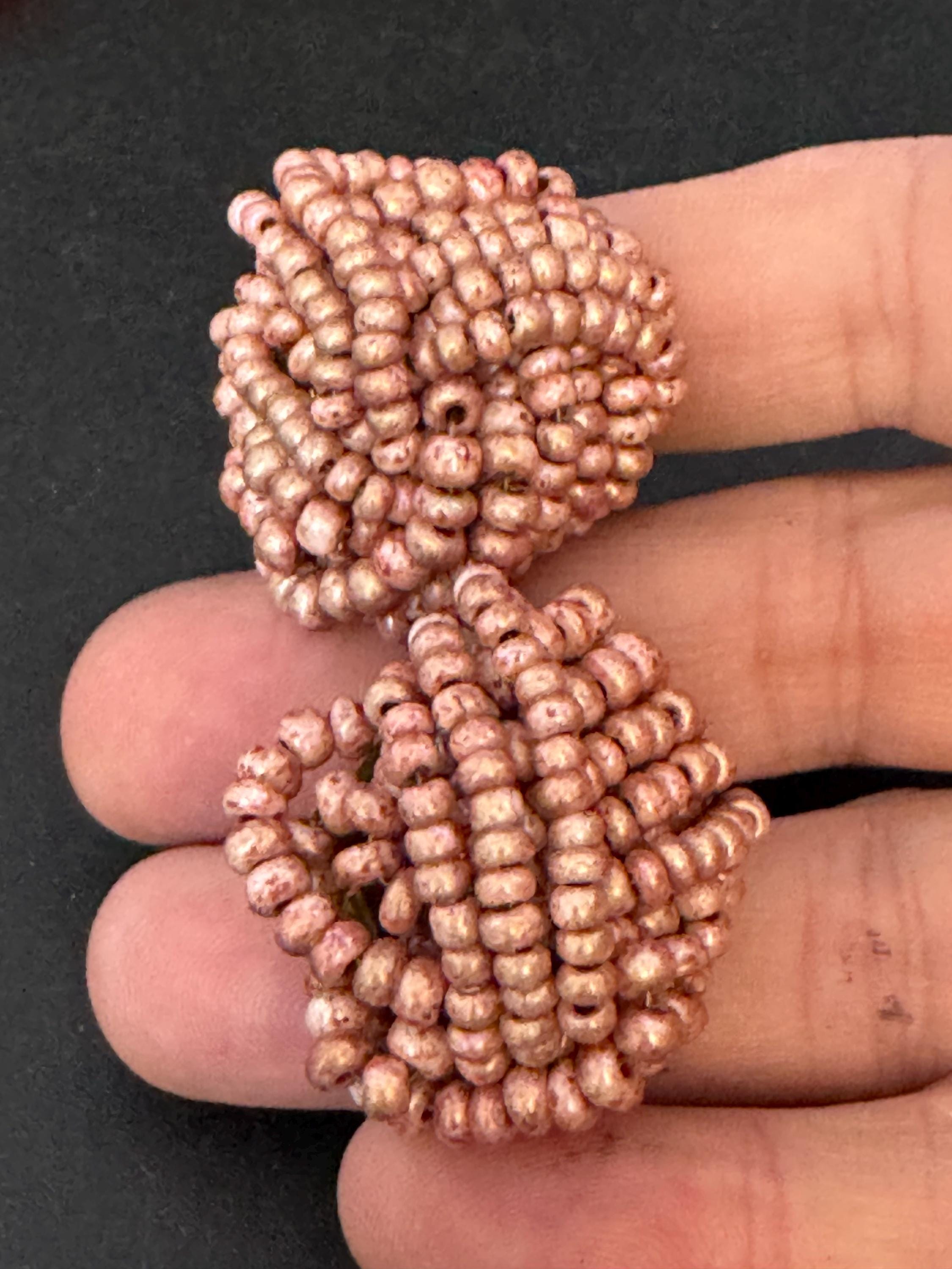 Vintage dusky pink taupe seed beaded KNOT Cluster Clip On Earrings