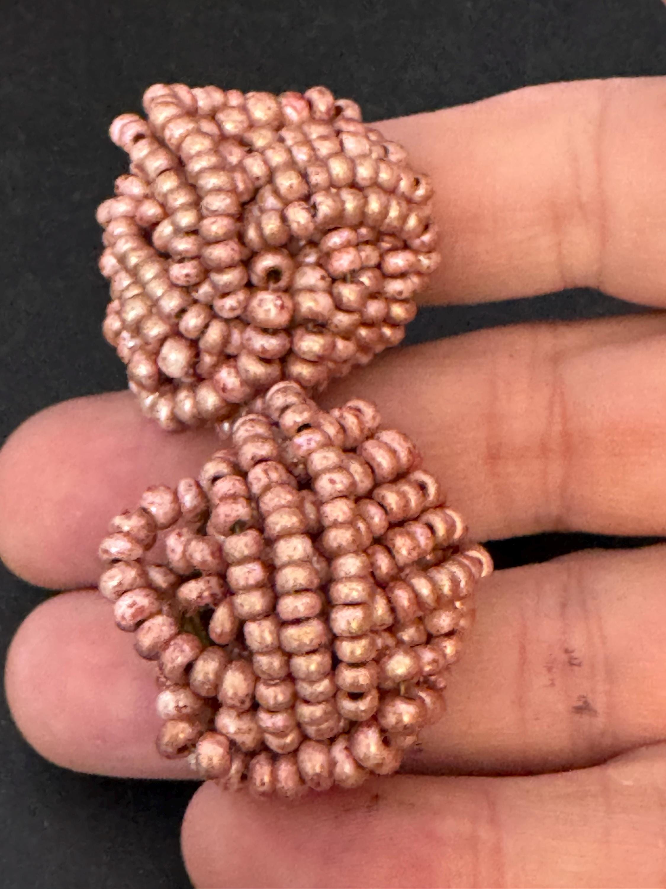 Vintage dusky pink taupe seed beaded KNOT Cluster Clip On Earrings