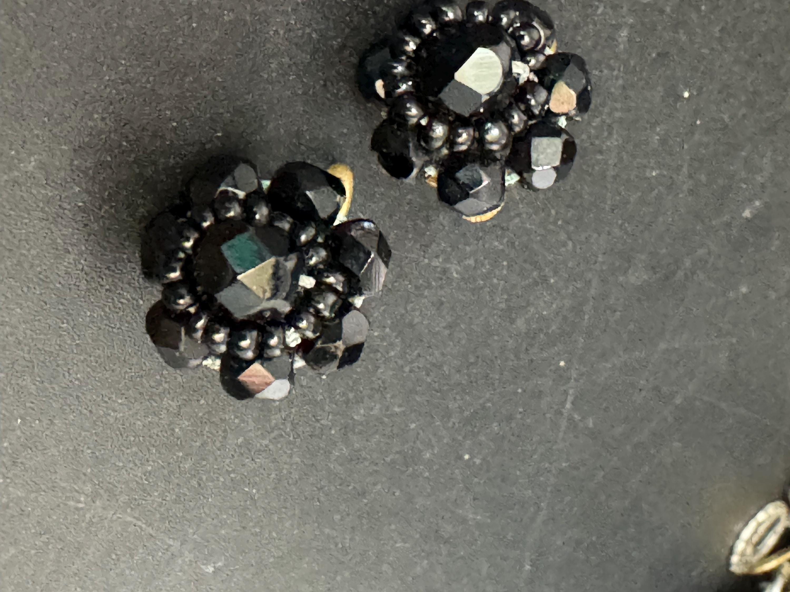 Vintage czech black faceted glass beaded cluster screw back clip on earrings